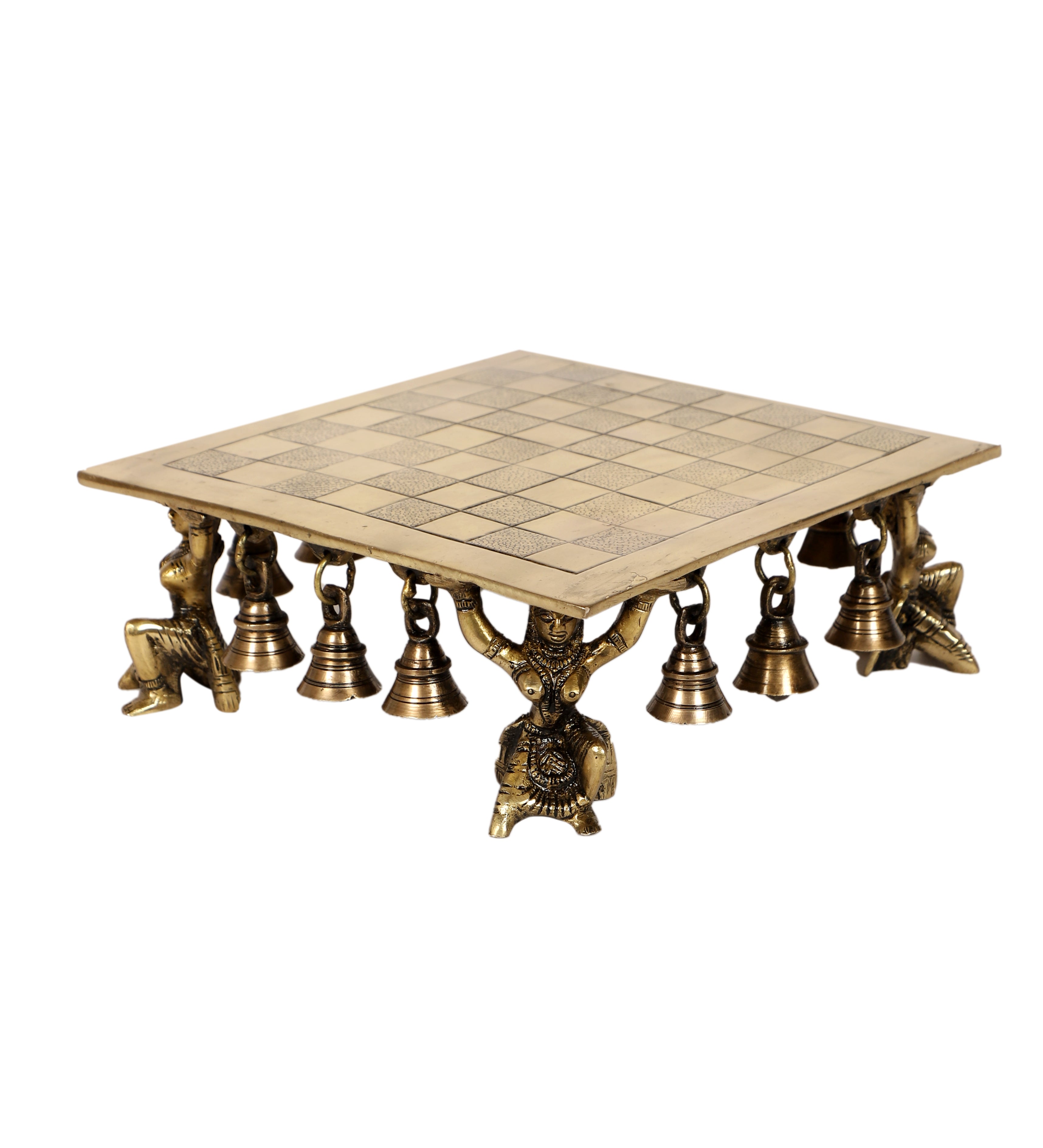 Brass Apsara Design Pillar Brass Chowki, Brass Pooja Chowki with Bells