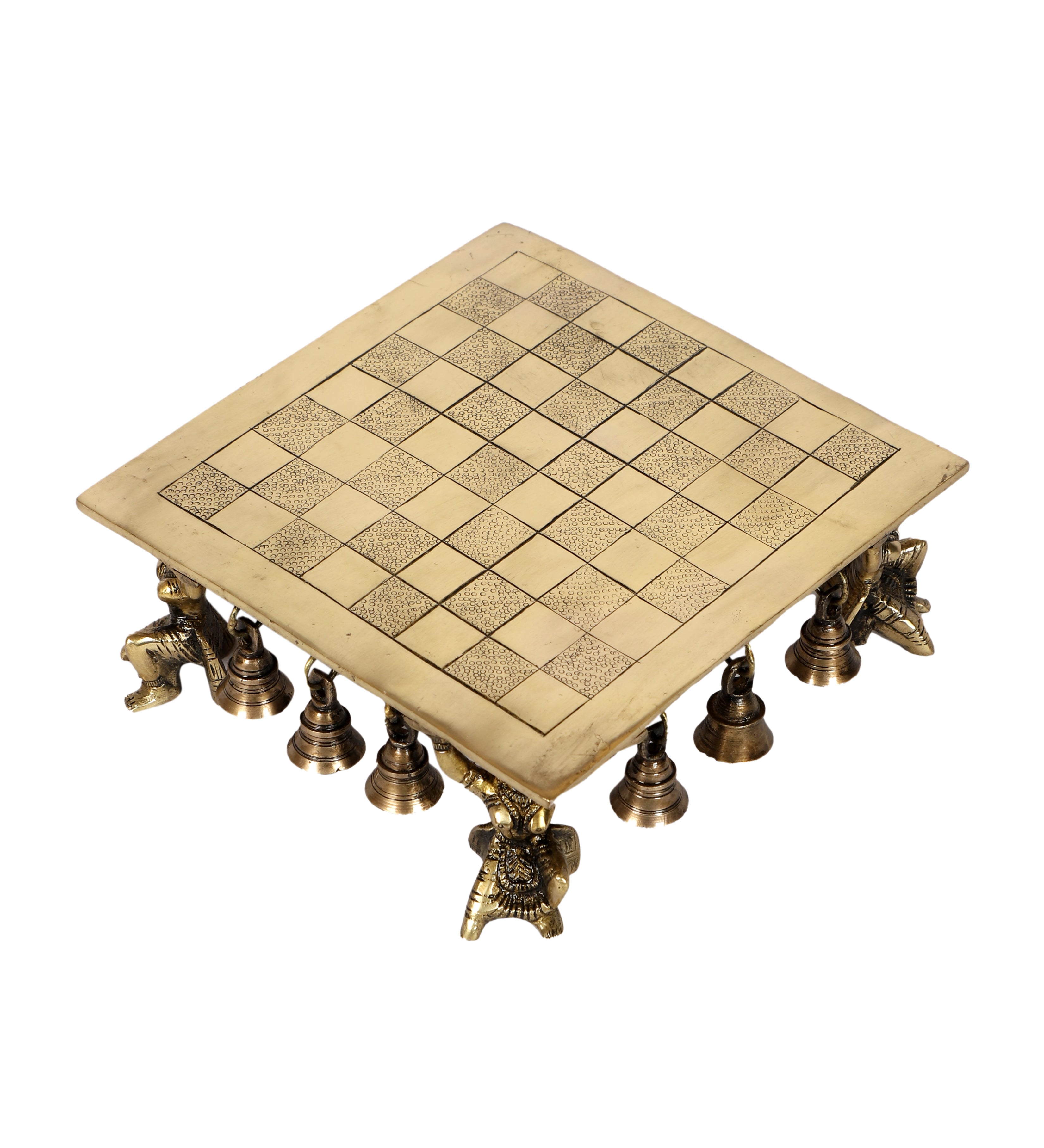 Brass Apsara Design Pillar Brass Chowki, Brass Pooja Chowki with Bells