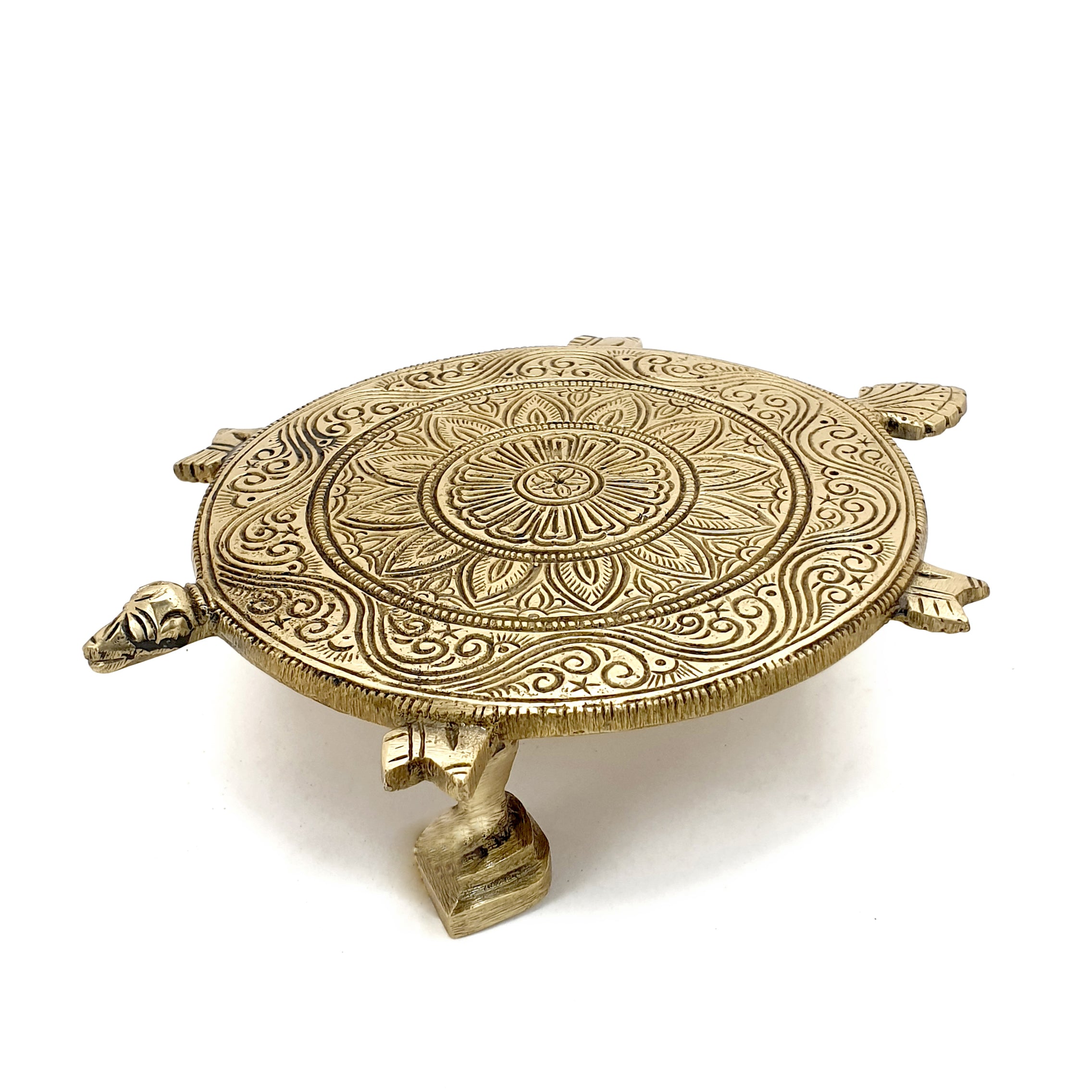 Brass Tortoise Design Ethnic Carved Pooja Chowki for Home Temple