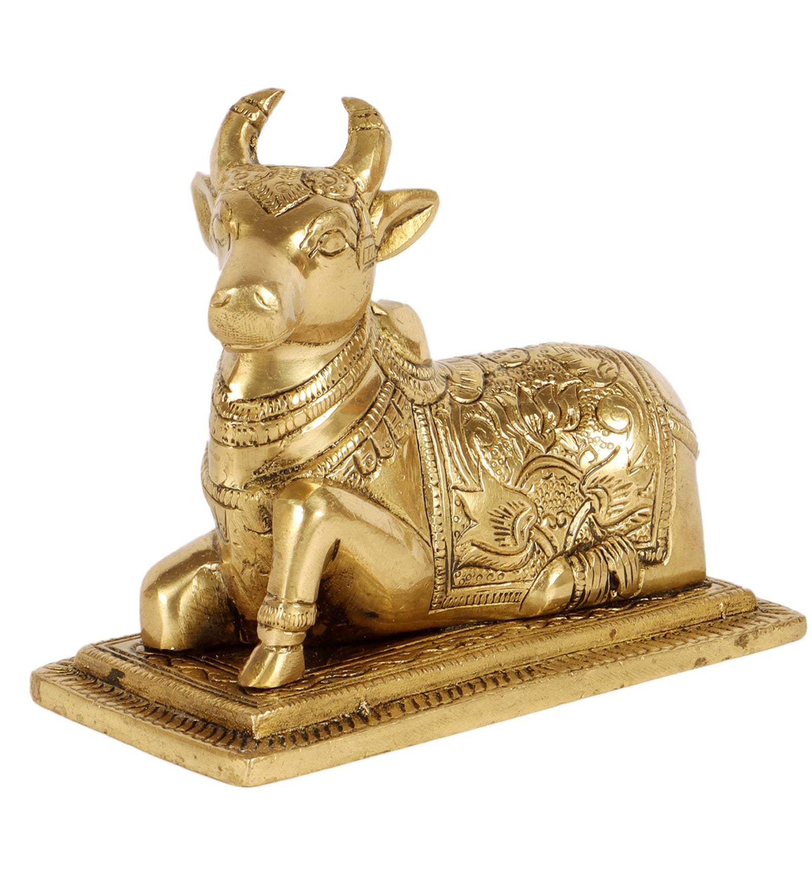 Lotus Engraved 5 Inches Brass Nandi Cow Over Base, Brass Shiva Nandi Idol