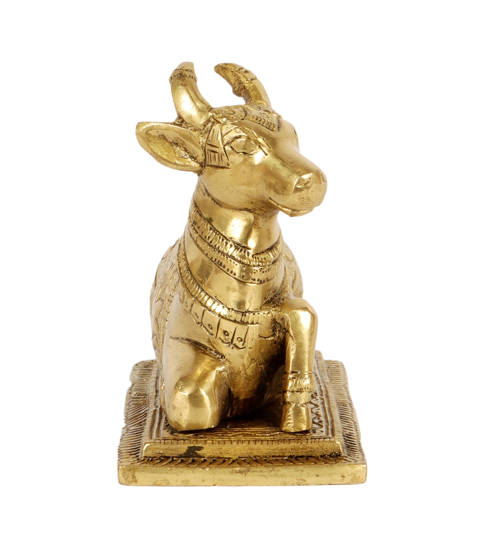 Lotus Engraved 5 Inches Brass Nandi Cow Over Base, Brass Shiva Nandi Idol