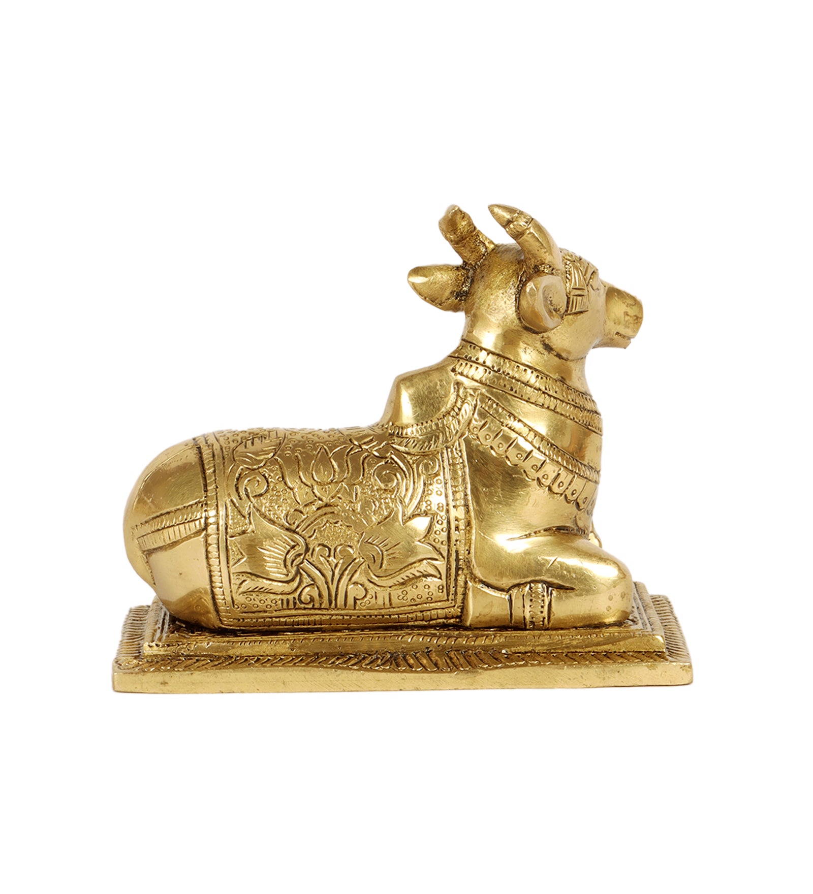 Lotus Engraved 5 Inches Brass Nandi Cow Over Base, Brass Shiva Nandi Idol