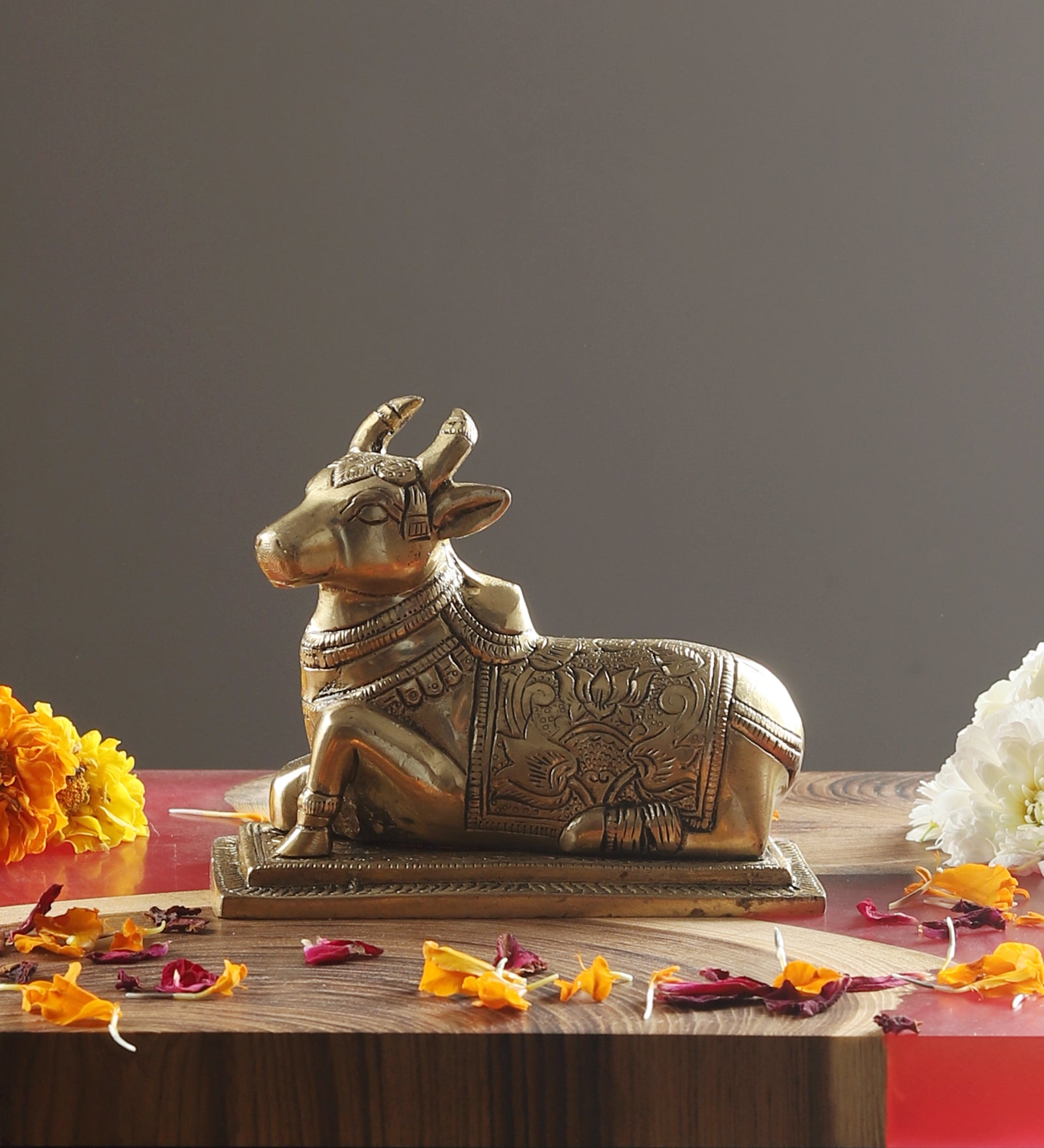 Lotus Engraved 5 Inches Brass Nandi Cow Over Base, Brass Shiva Nandi Idol