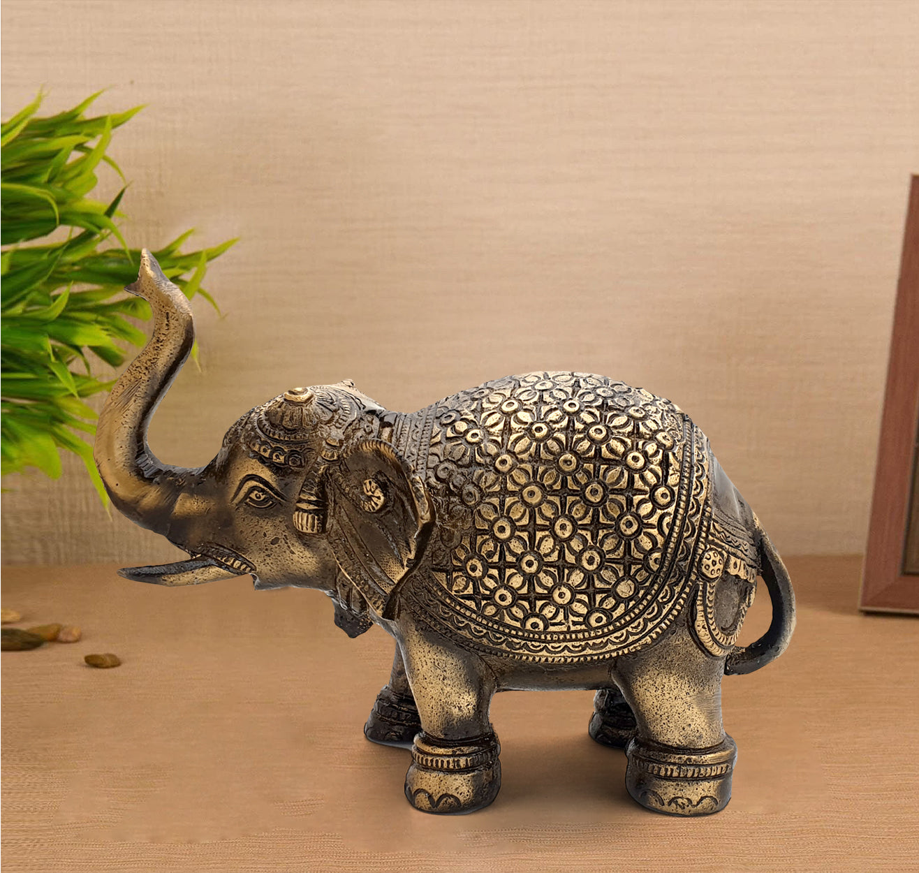 Metal 8 Inches Carved Elephant Showpiece