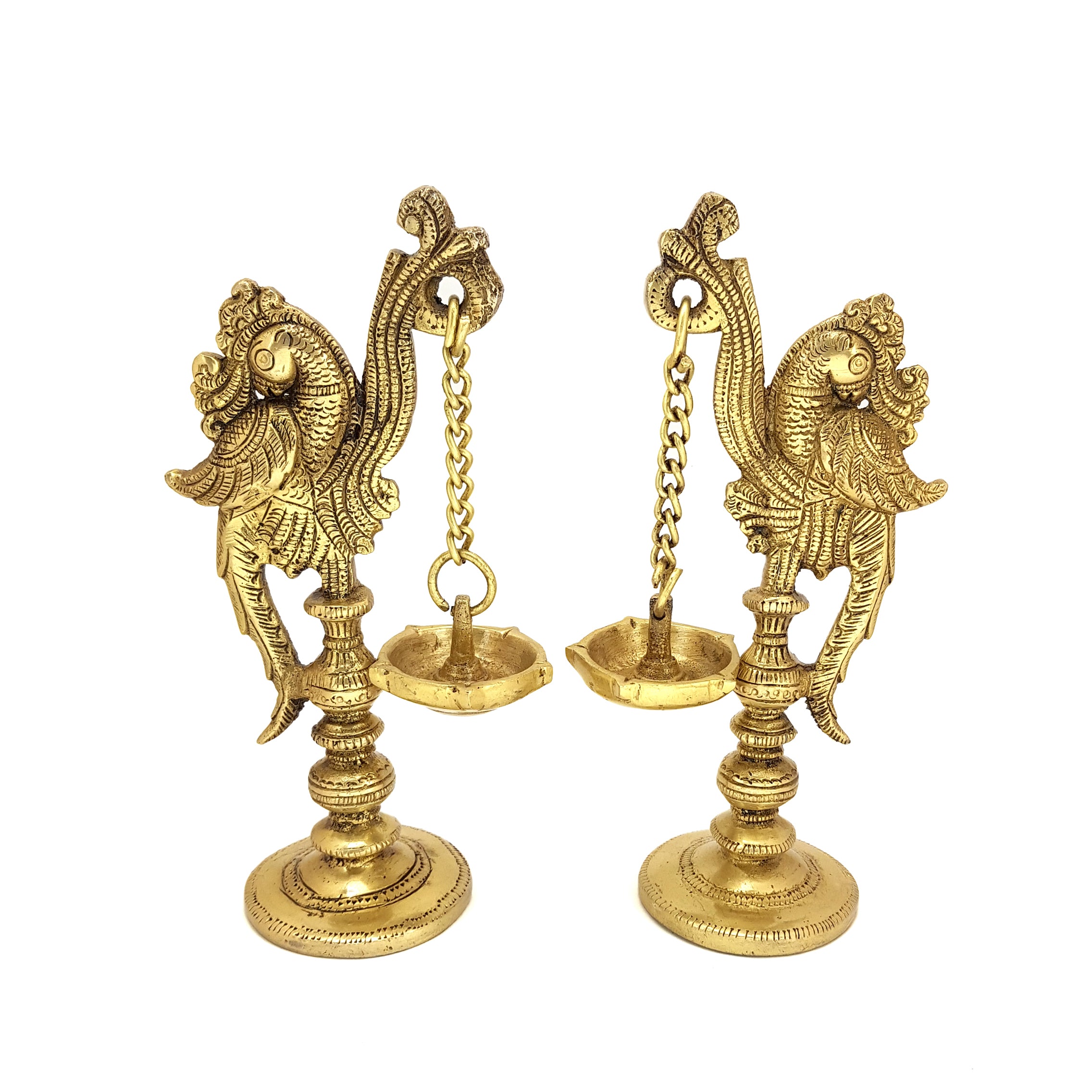 Brass 7 Inches Peacock on Pillar Design Diya Pair, Brass Diyas for Temple, Antique Yellow