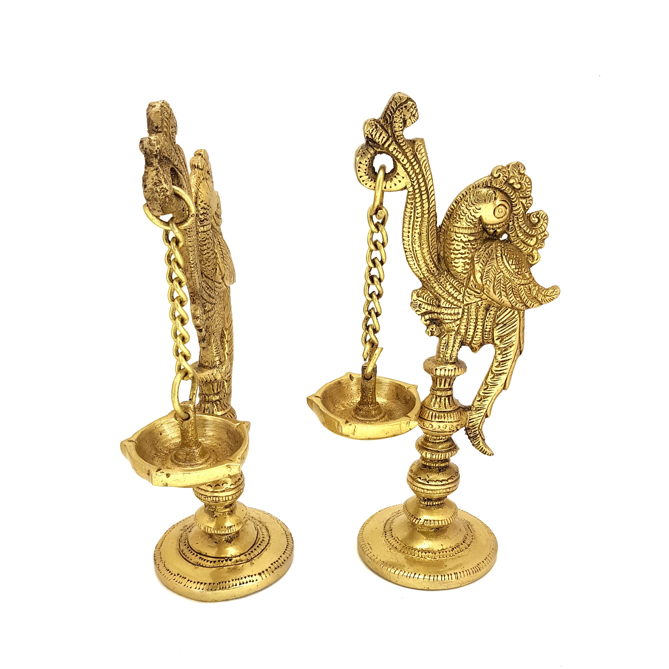Brass 7 Inches Peacock on Pillar Design Diya Pair, Brass Diyas for Temple, Antique Yellow