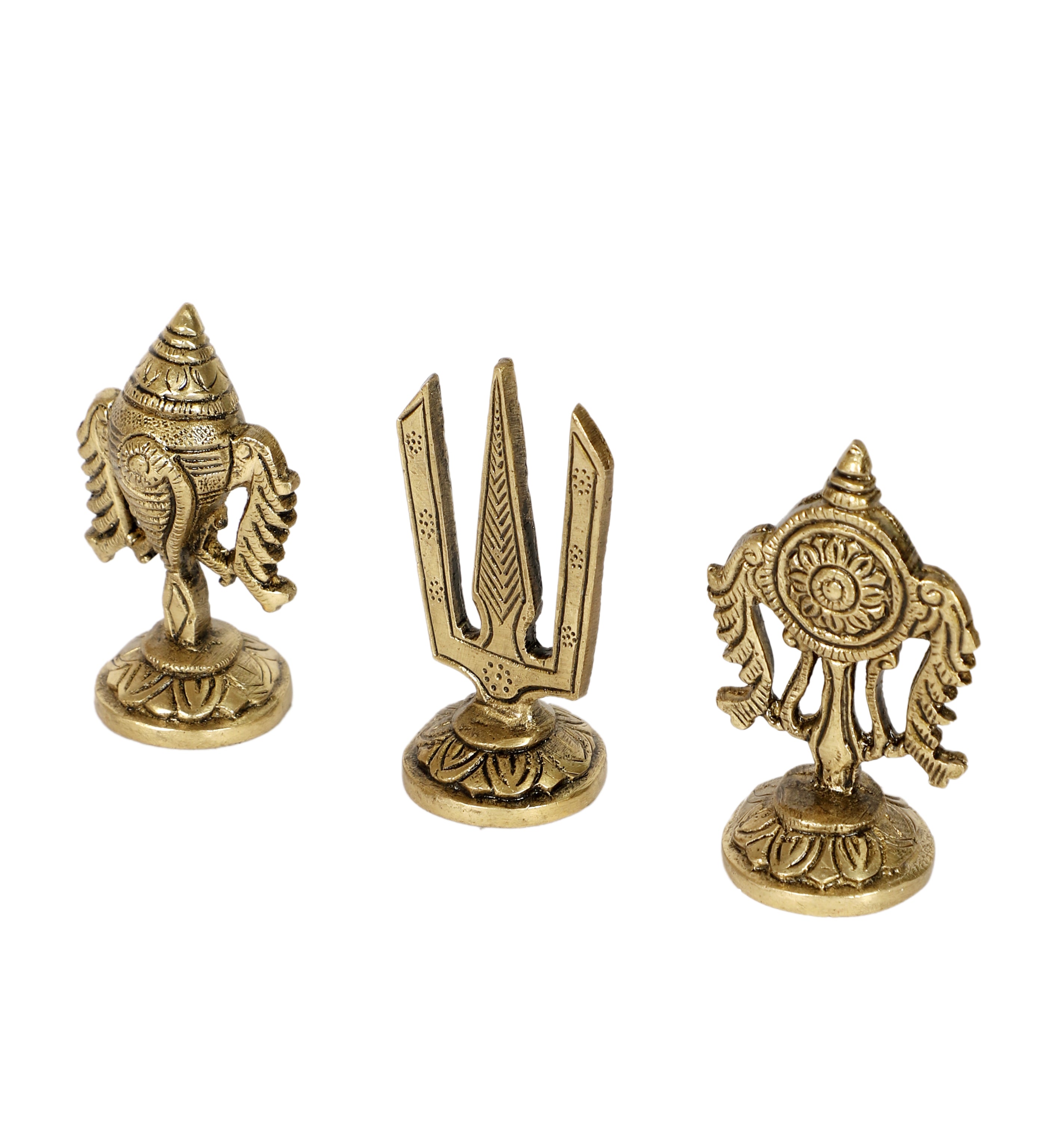 Brass 3 Inches Shankh Chakra Namah Idol Set, Brass Shankh Chakra Tilak