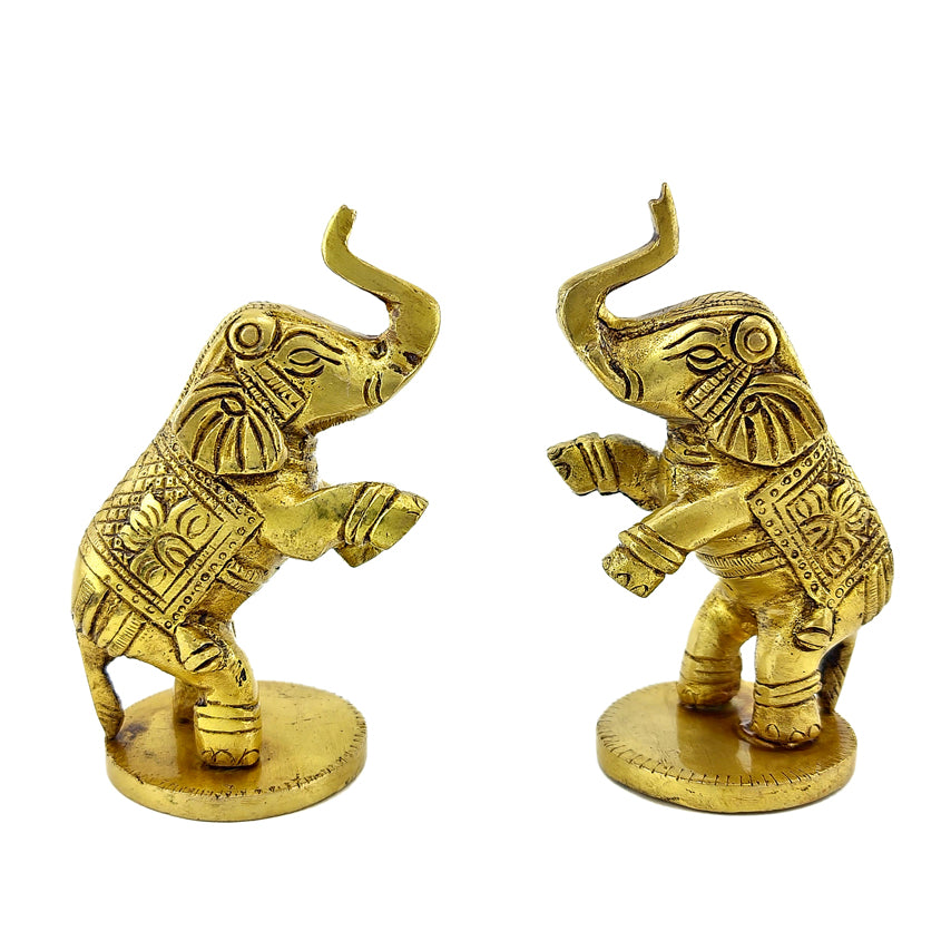 Brass 4 Inches Jumping Elephant Showpiece Pair, Pack of 2