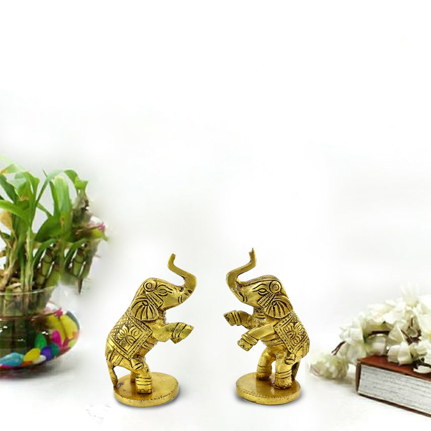 Brass 4 Inches Jumping Elephant Showpiece Pair, Pack of 2