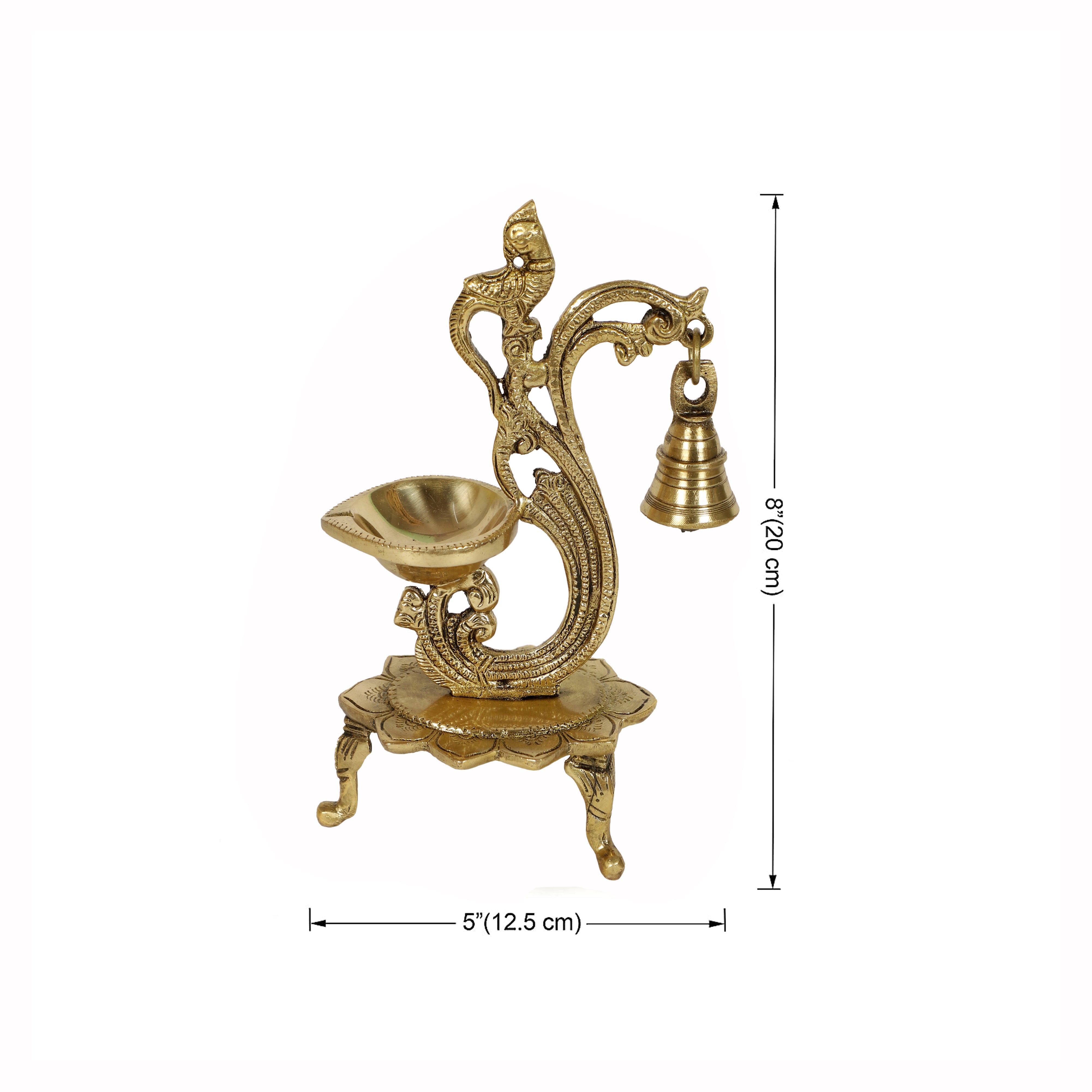 Brass Curved Peacock Design Diya with Bell, 8 Inches Brass Oil Lamp, Brass Decorative Diyas