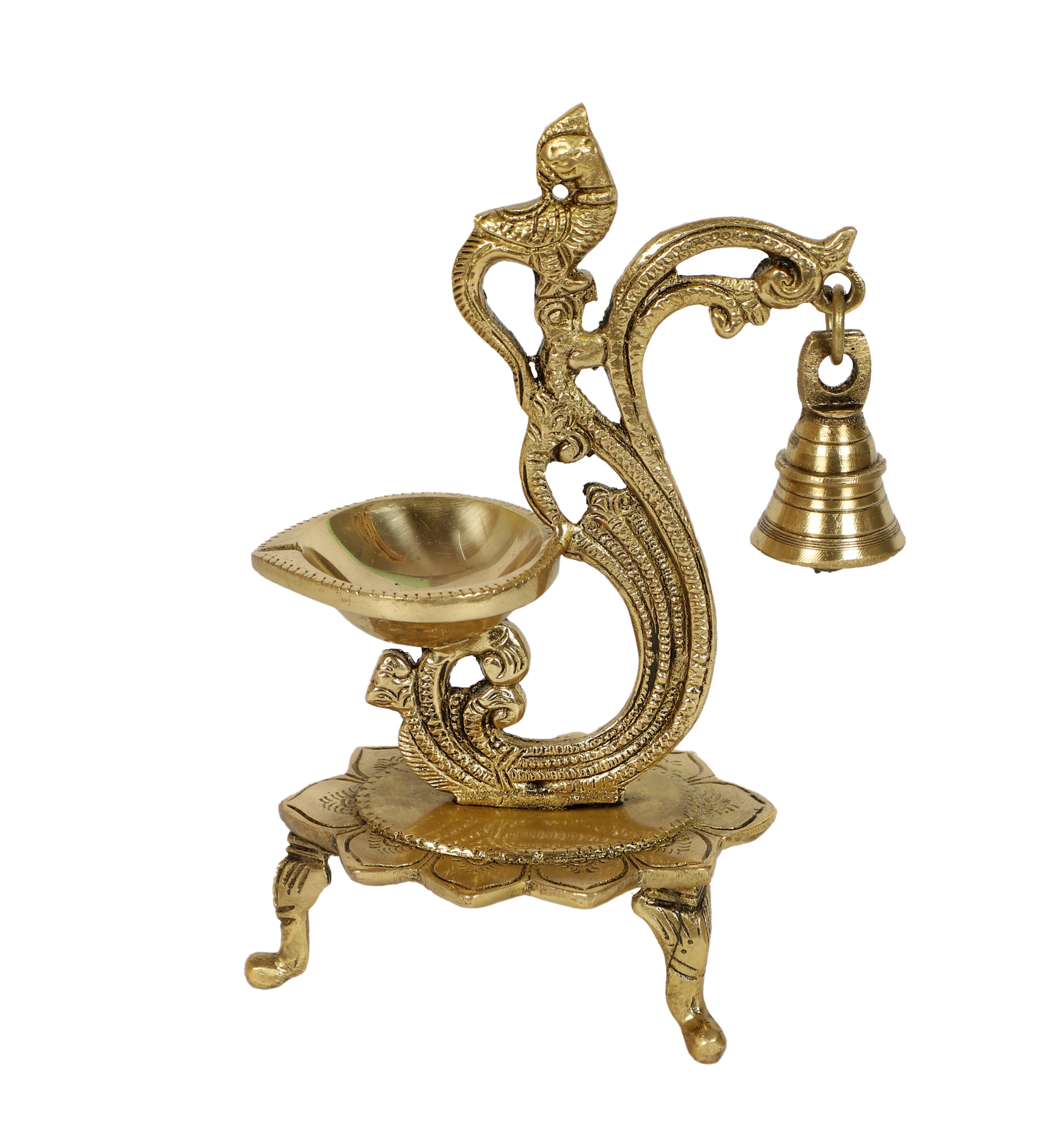 Brass Curved Peacock Design Diya with Bell, 8 Inches Brass Oil Lamp, Brass Decorative Diyas