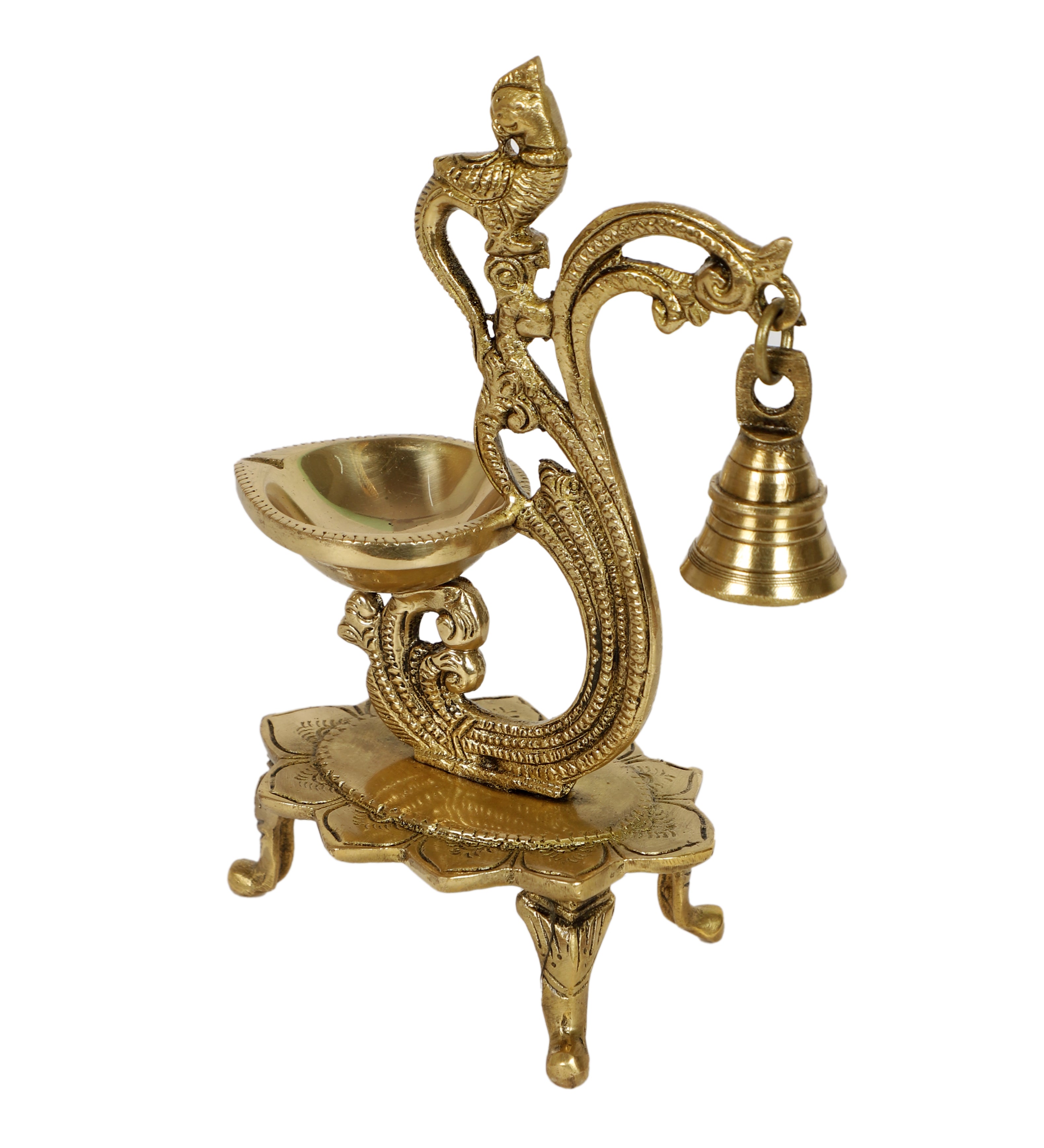 Brass Curved Peacock Design Diya with Bell, 8 Inches Brass Oil Lamp, Brass Decorative Diyas
