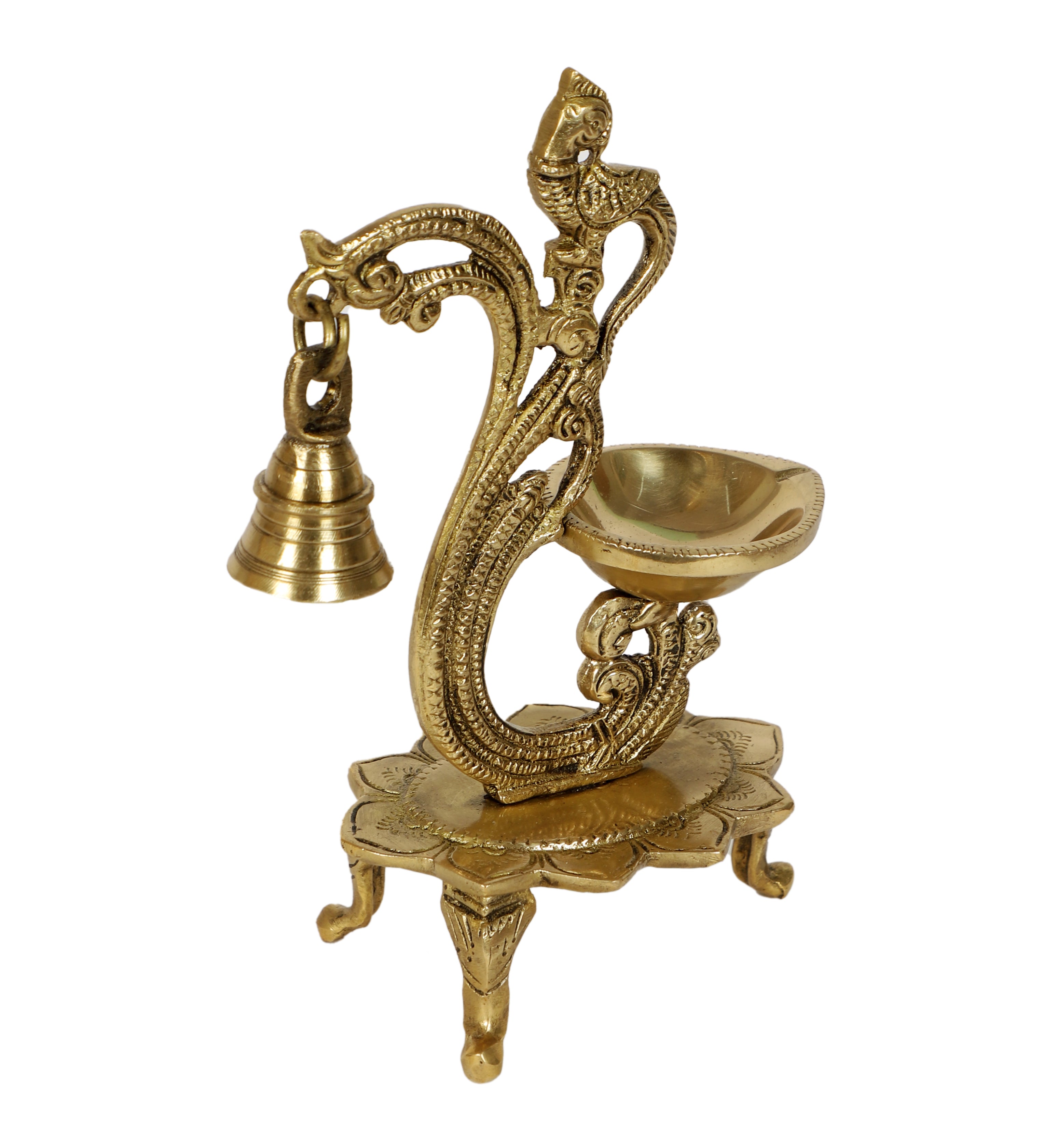 Brass Curved Peacock Design Diya with Bell, 8 Inches Brass Oil Lamp, Brass Decorative Diyas