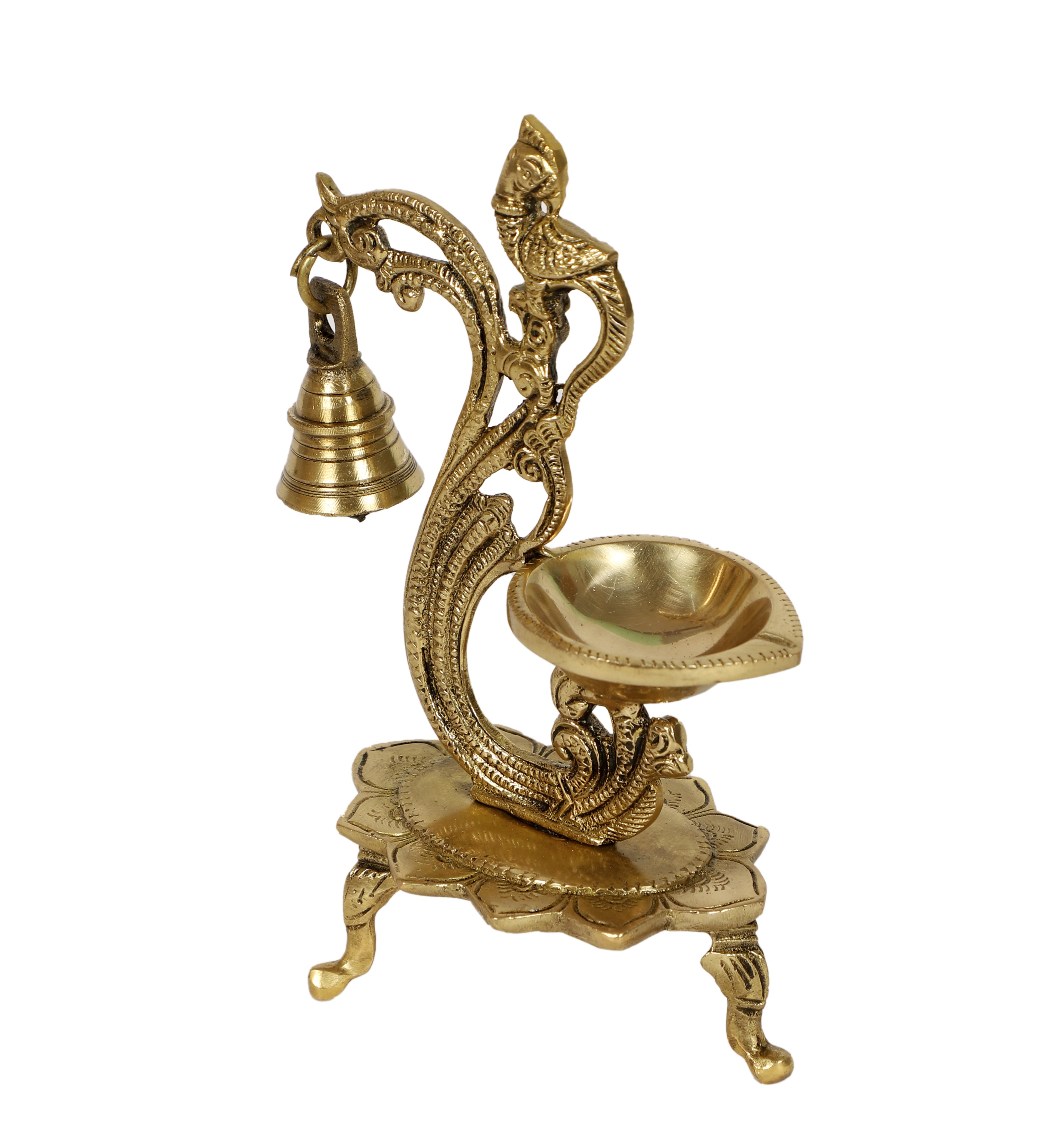 Brass Curved Peacock Design Diya with Bell, 8 Inches Brass Oil Lamp, Brass Decorative Diyas
