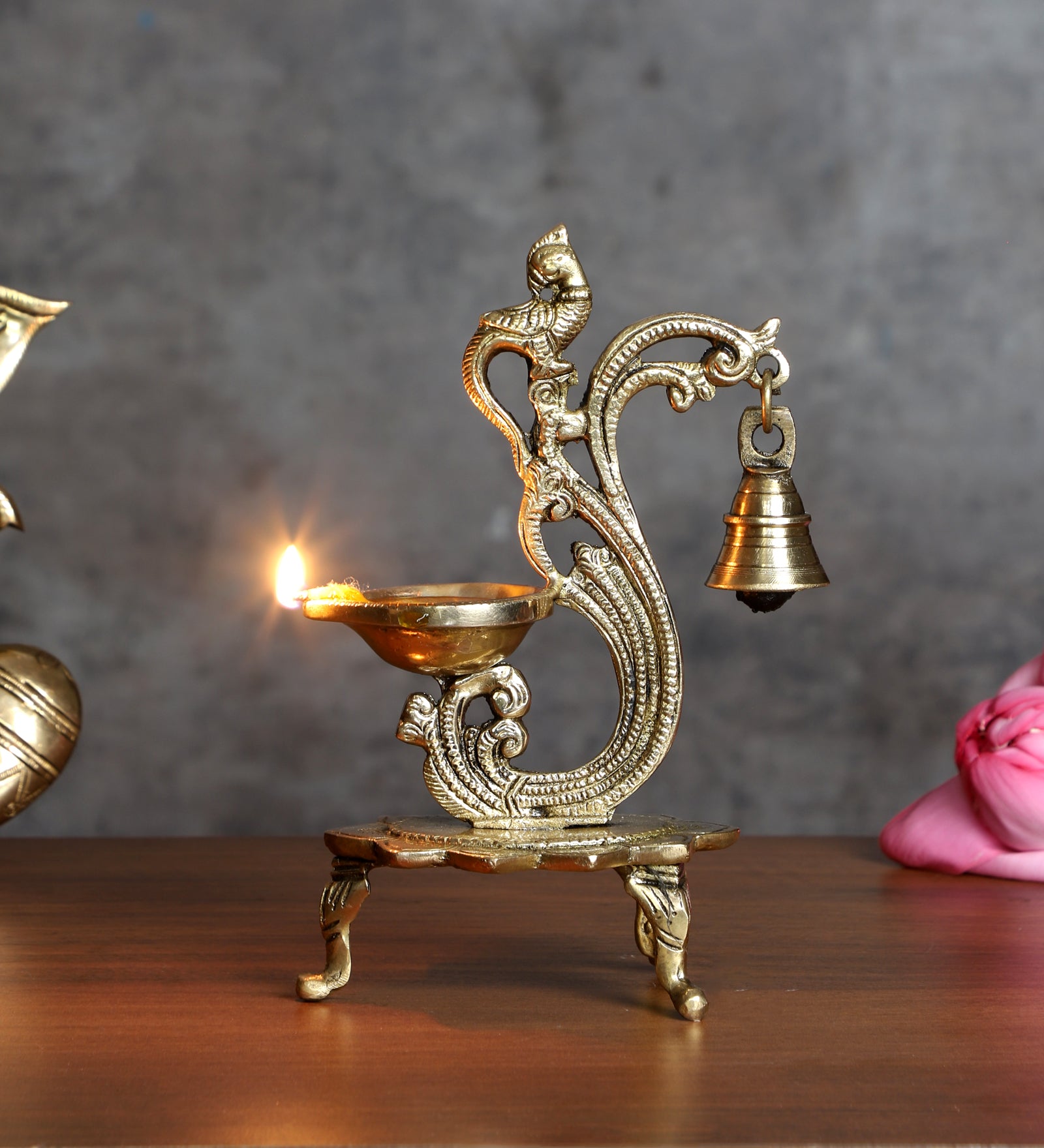 Brass Curved Peacock Design Diya with Bell, 8 Inches Brass Oil Lamp, Brass Decorative Diyas