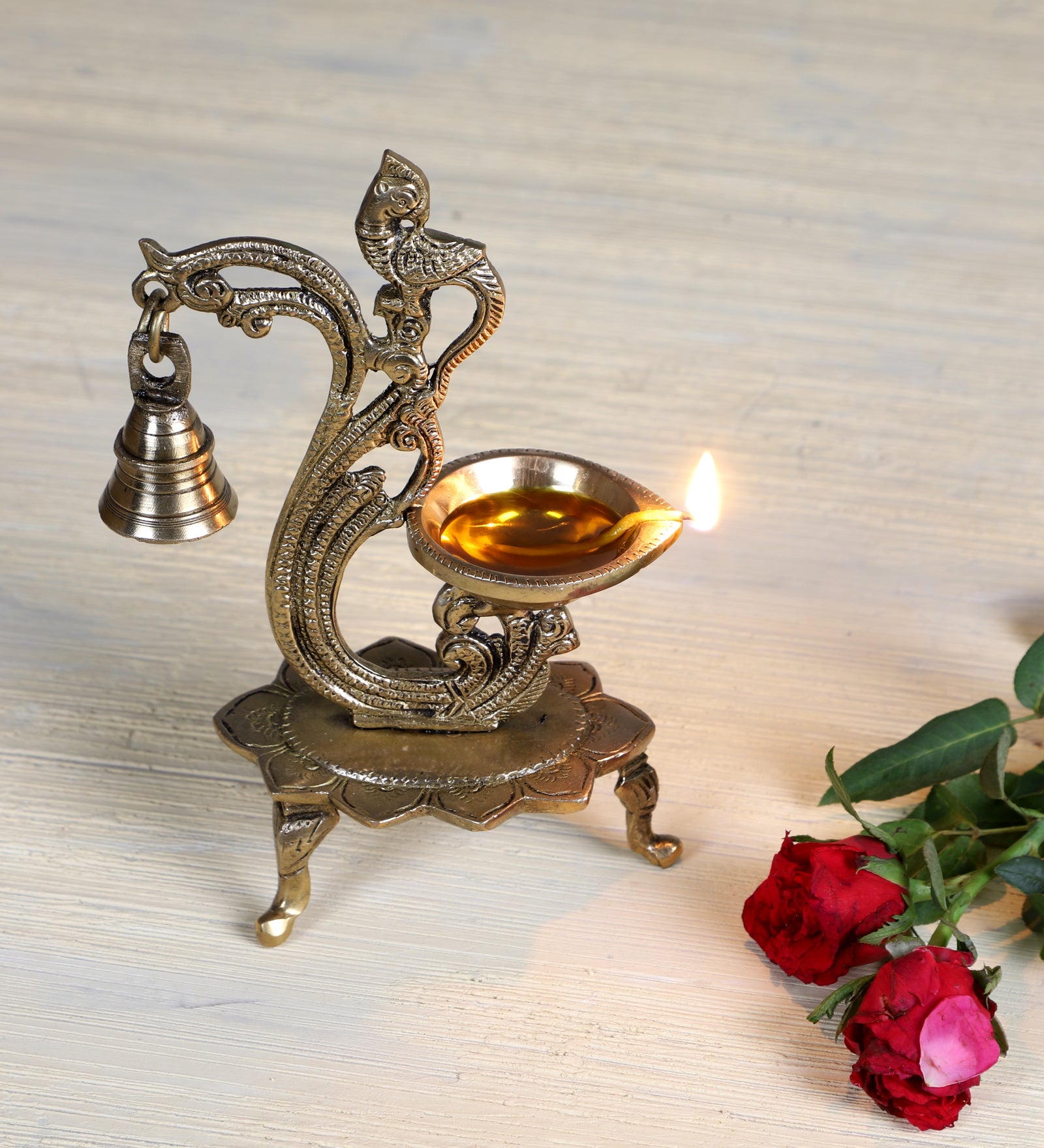 Brass Curved Peacock Design Diya with Bell, 8 Inches Brass Oil Lamp, Brass Decorative Diyas