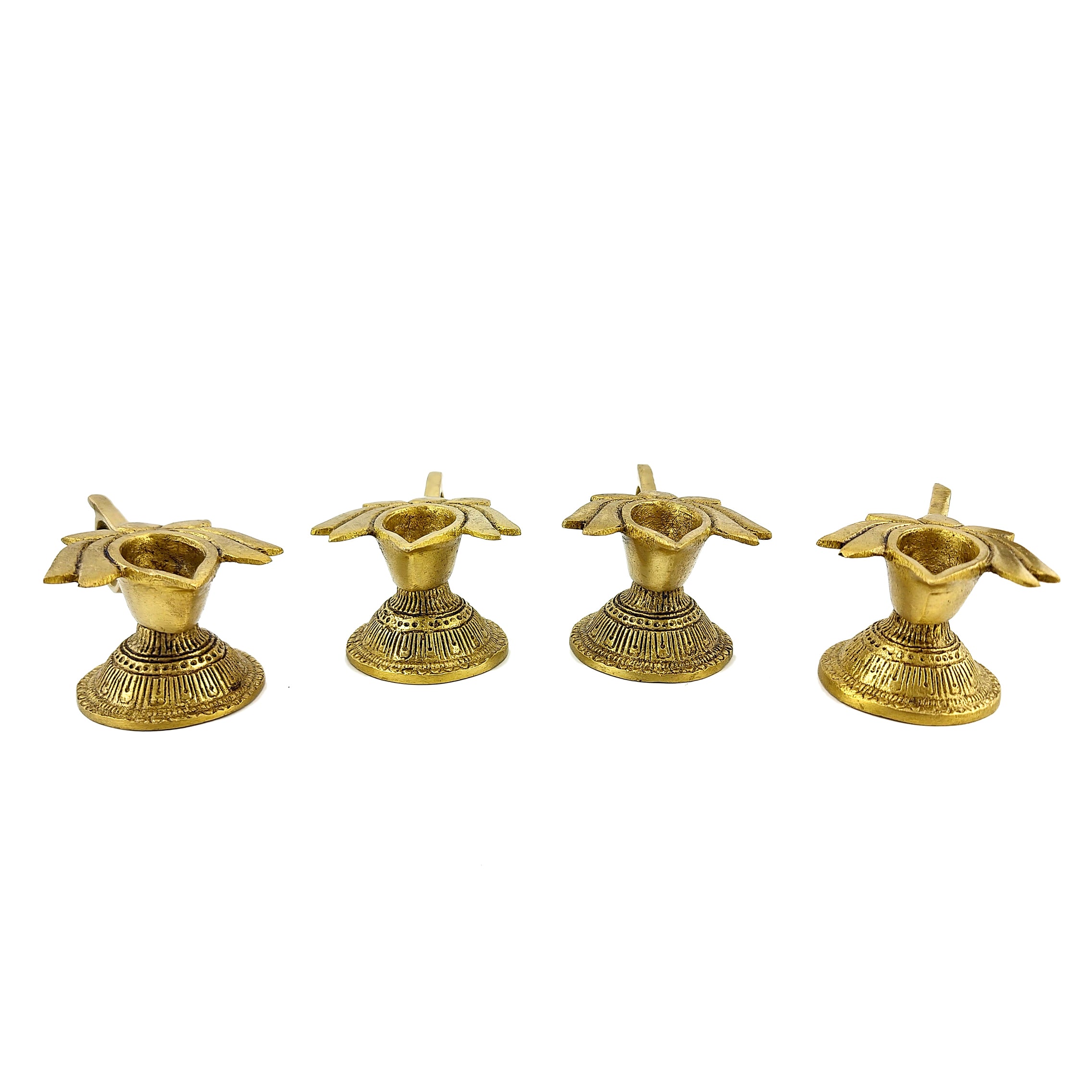 Brass Lotus Diyas with Handle, Brass Diya for Decor, Standard, Pack of 4 Diyas