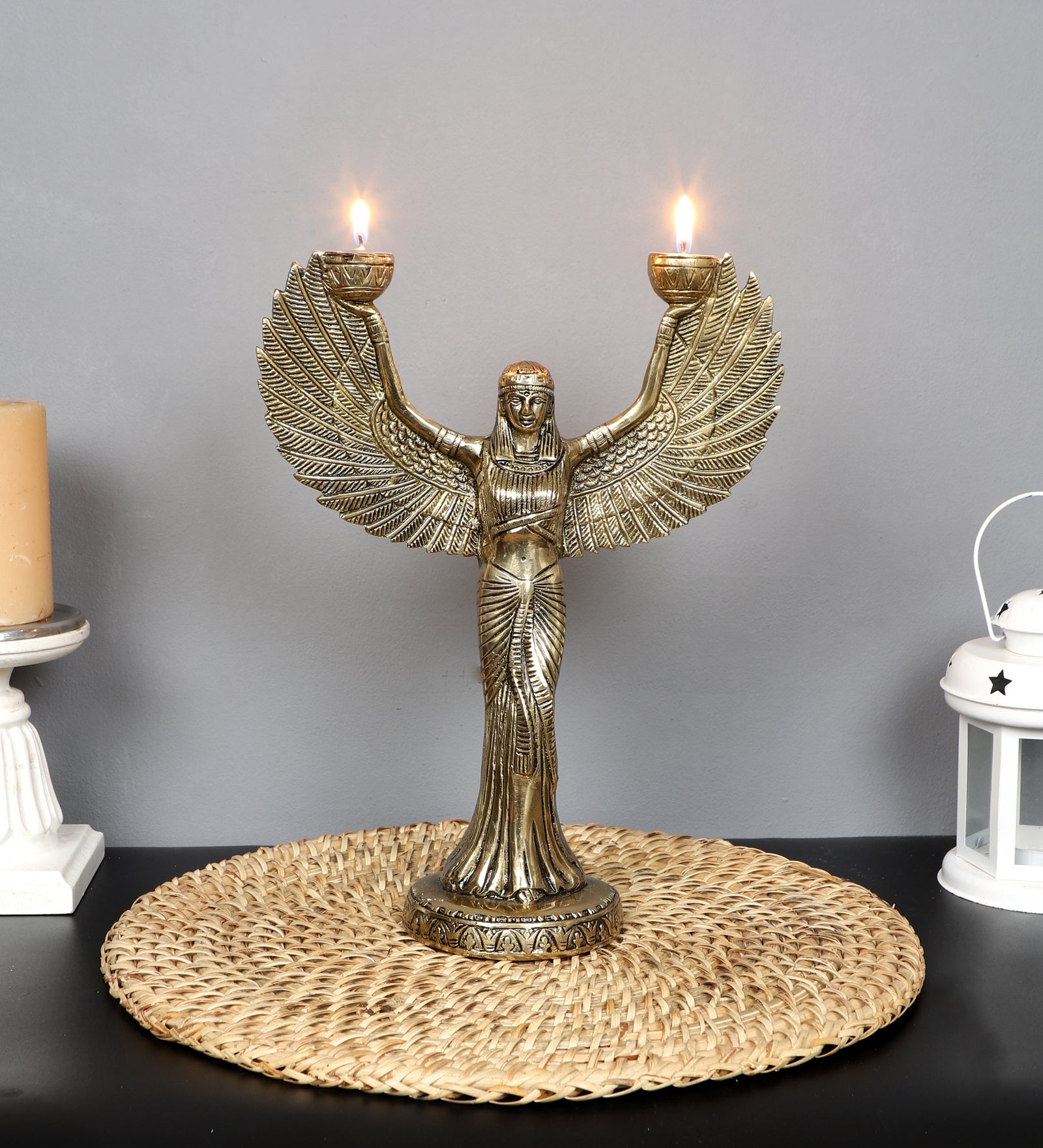 Goddess Isis Brass 11.5 Inches Statue with Candle Holder, Brass Egyptian Godess Statue