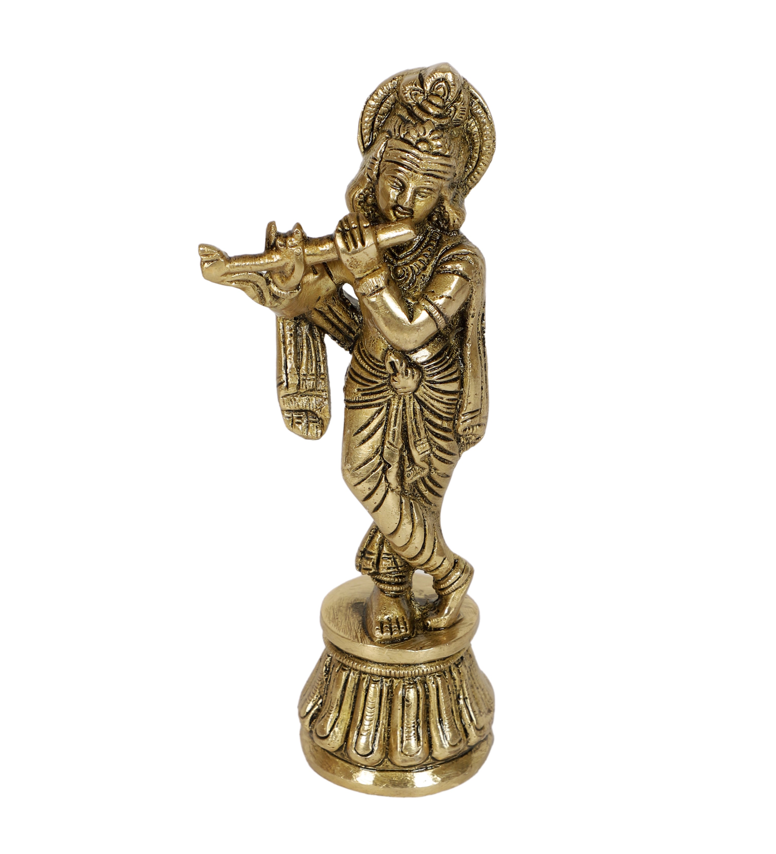 Brass Krishna Playing Flute 7 Inches Statue, Brass Krishna Statue for Home Temple, Brass Krishna Idol, Antique White