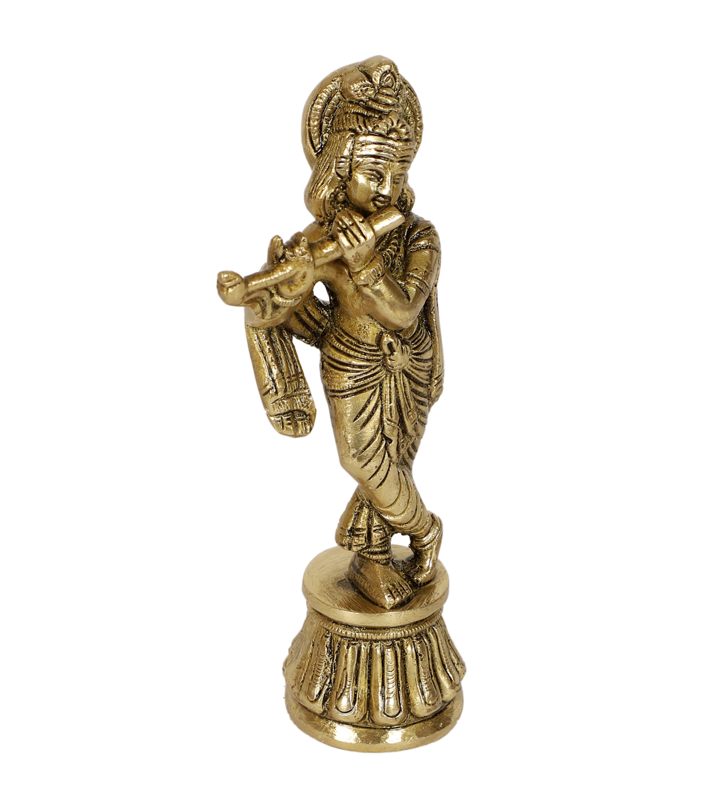 Brass Krishna Playing Flute 7 Inches Statue, Brass Krishna Statue for Home Temple, Brass Krishna Idol, Antique White
