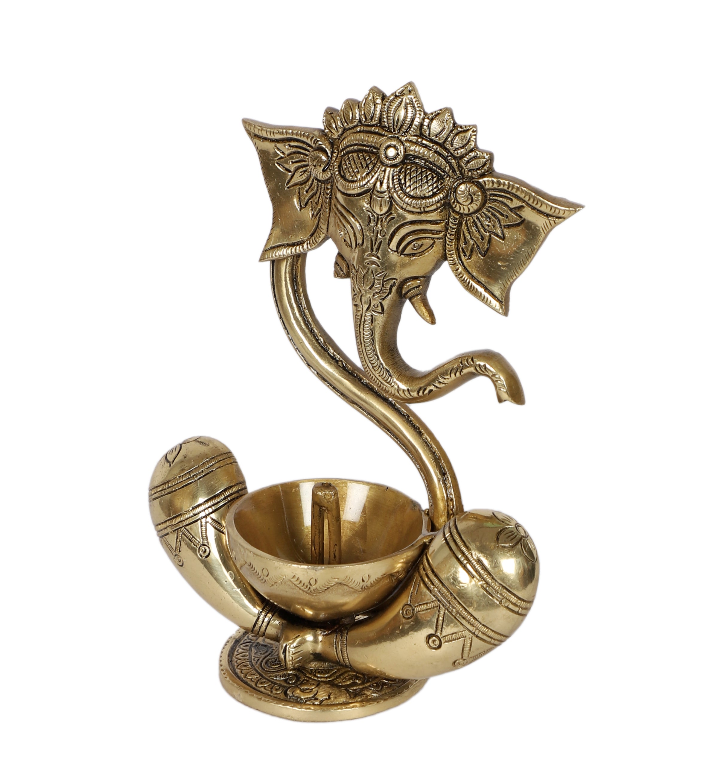 Brass 8 Inches Ganesha with Diya on Lap, Brass Ganesha Diya