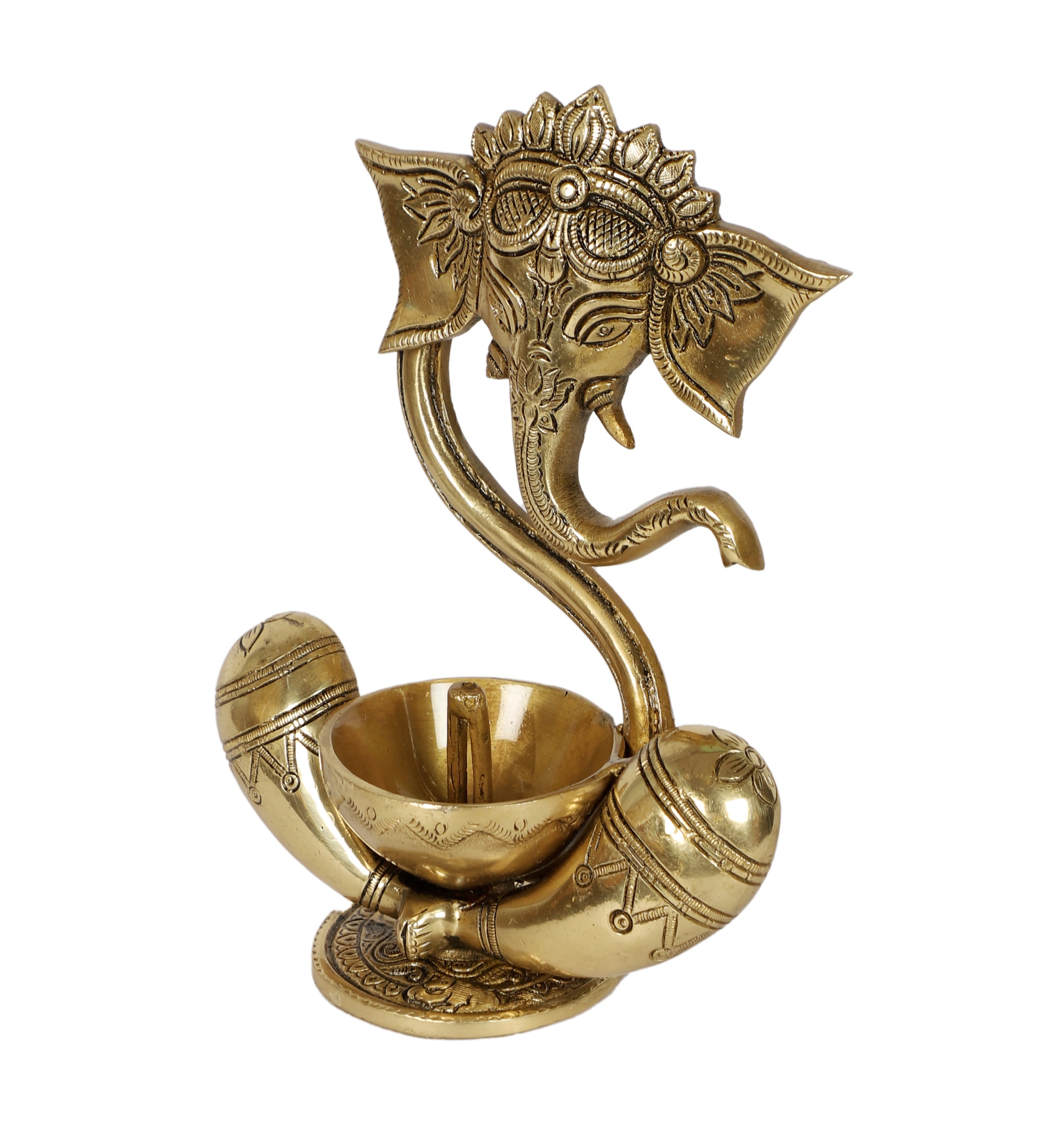 Brass 8 Inches Ganesha with Diya on Lap, Brass Ganesha Diya