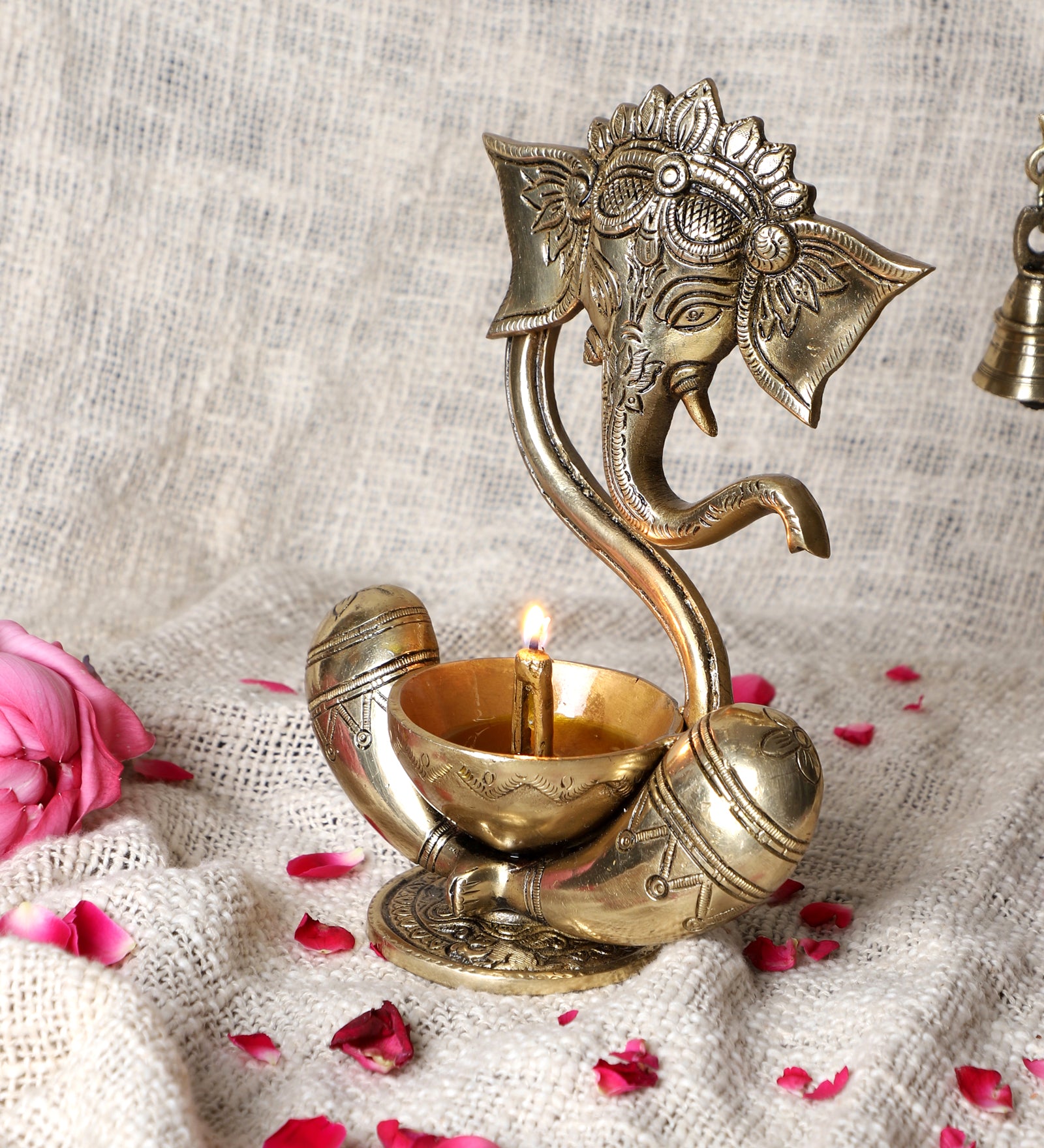 Brass 8 Inches Ganesha with Diya on Lap, Brass Ganesha Diya
