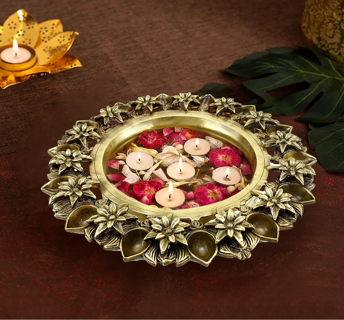 Brass 12 Inches Lotus Flower Design Urli Showpiece with 14 Diyas