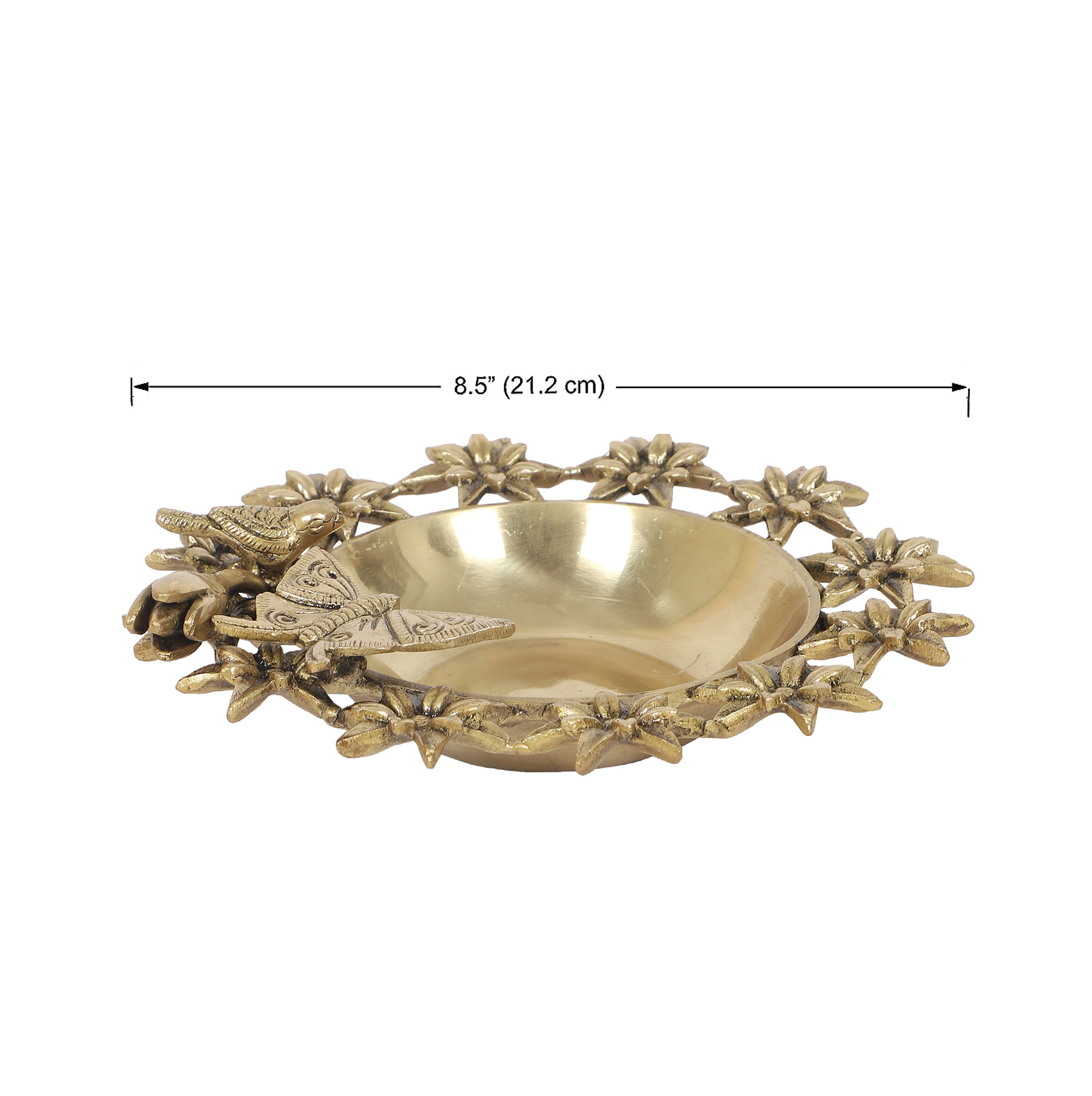 Brass Bird and Butterfly with 12 Flowers Urli Bowl Showpiece, Urli Bowl for Home Decor