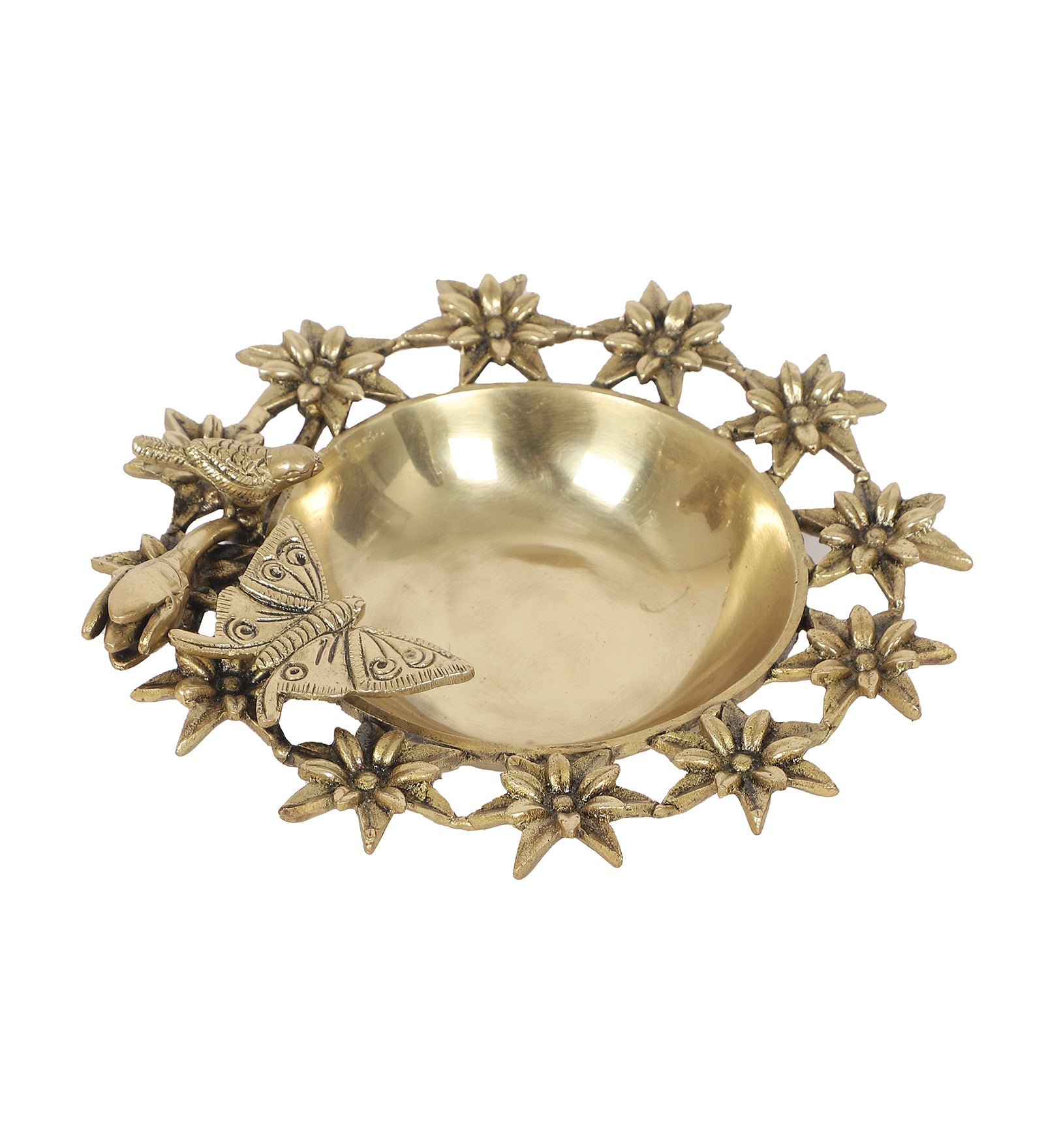 Brass Bird and Butterfly with 12 Flowers Urli Bowl Showpiece, Urli Bowl for Home Decor