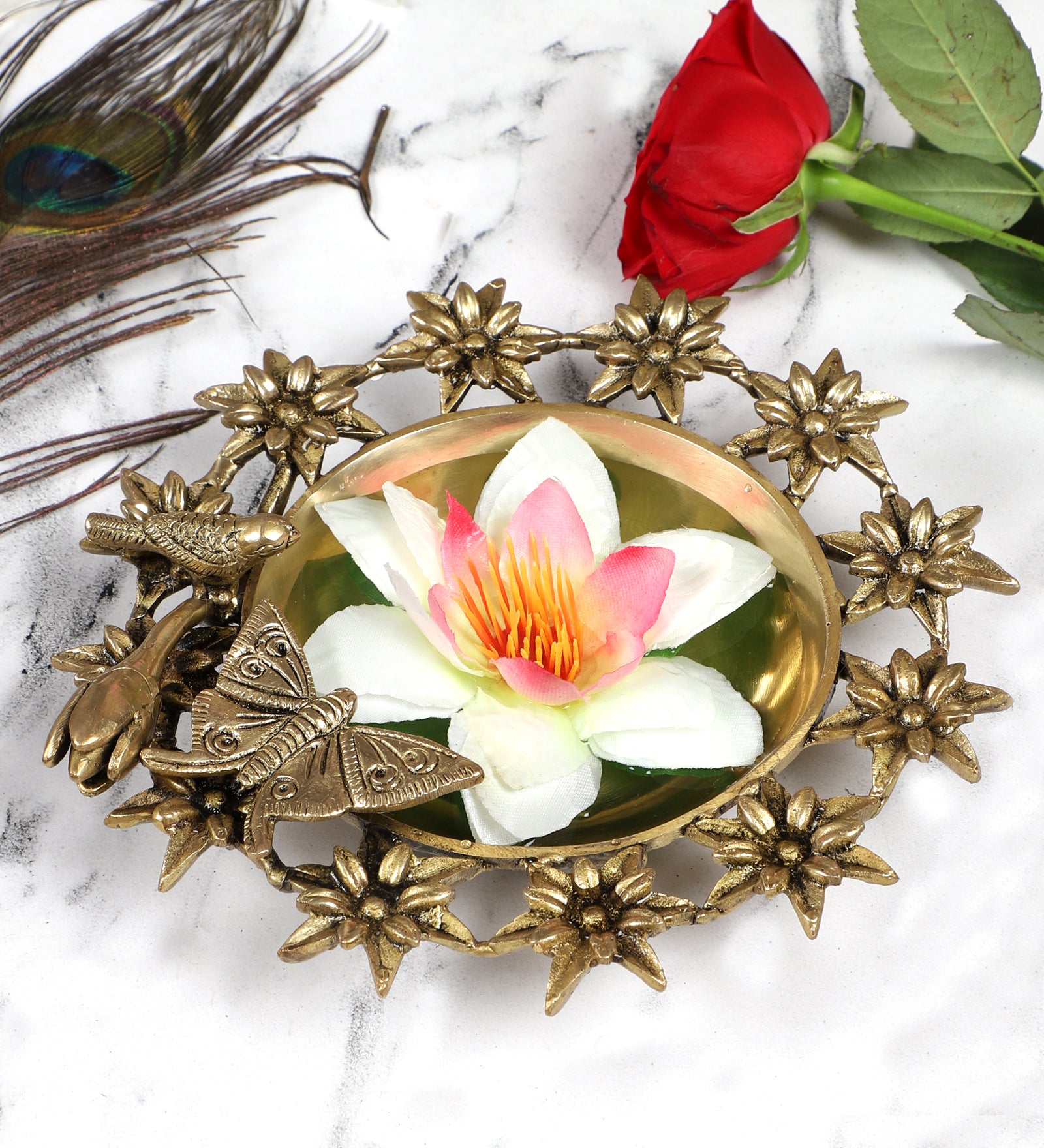 Brass Bird and Butterfly with 12 Flowers Urli Bowl Showpiece, Urli Bowl for Home Decor