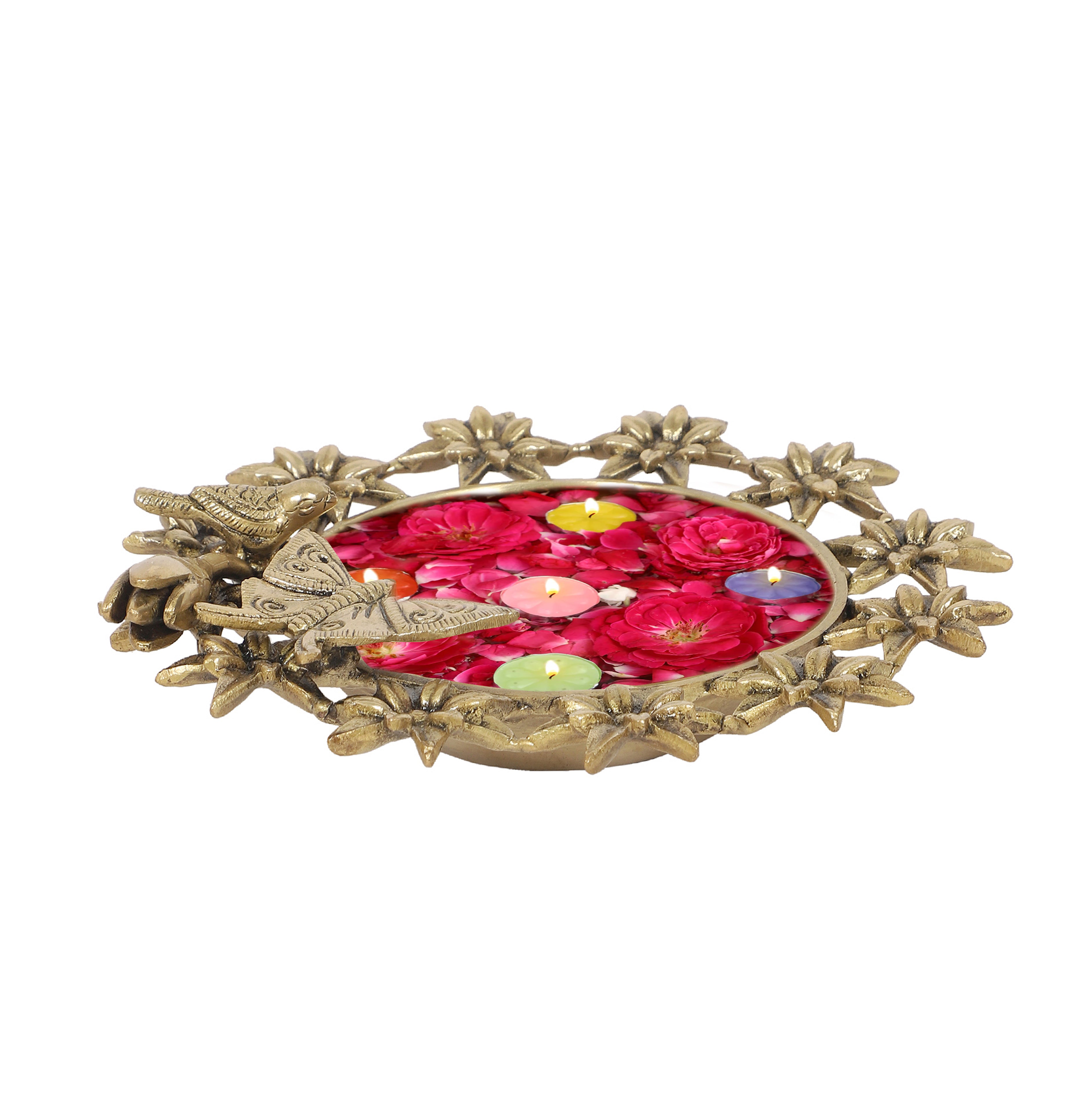 Brass Bird and Butterfly with 12 Flowers Urli Bowl Showpiece, Urli Bowl for Home Decor
