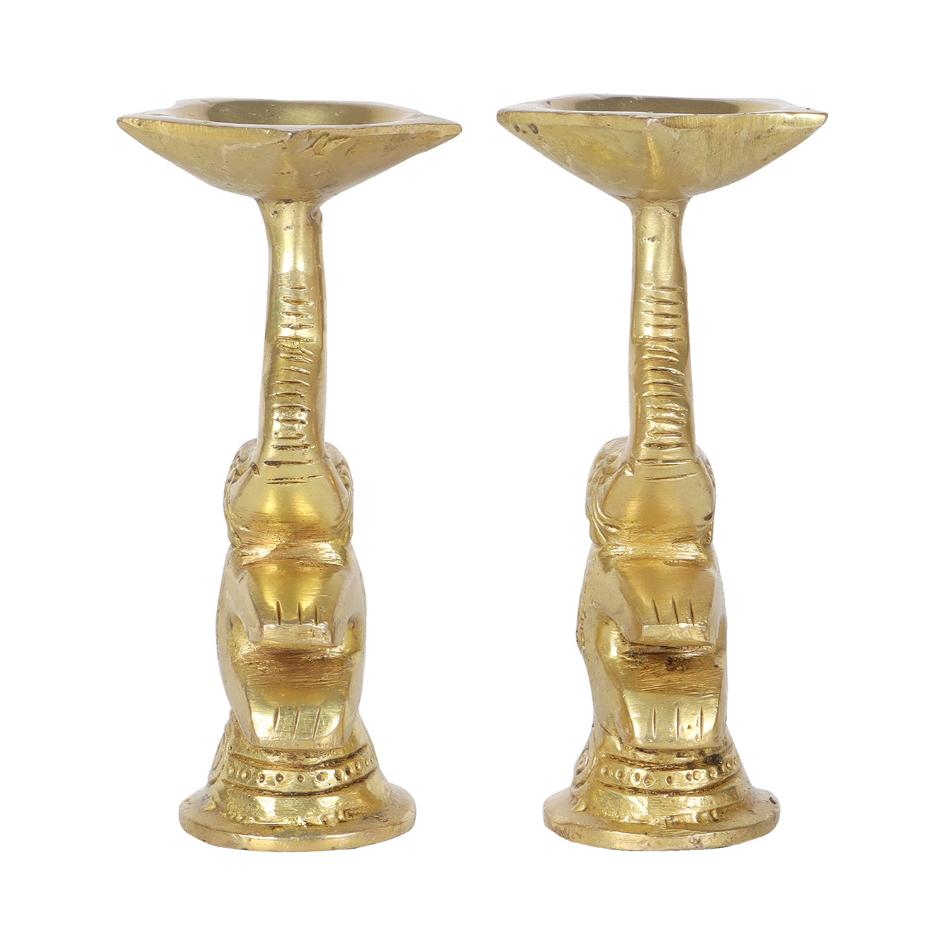 Brass 4 Inches Diya Pair Over Elephant Trunk , Brass Decorative Oil Lamps
