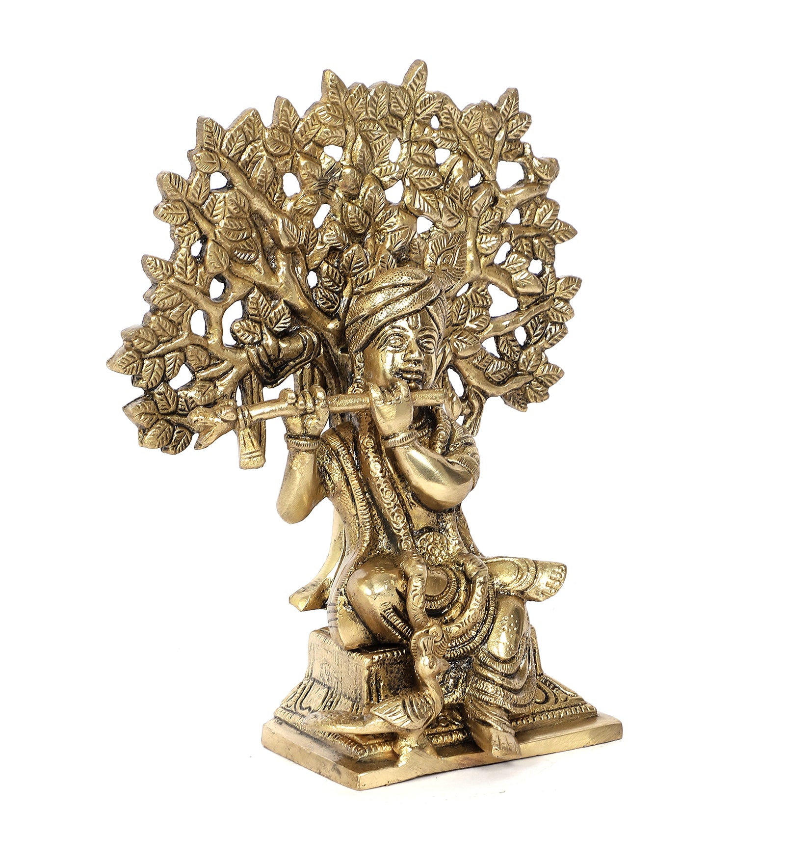 Brass Murli Krishna Sitting under The Tree Showpiece, Krishna Idol for Home Decor