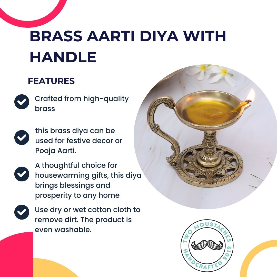 Brass Aarti Diya with Handle , Brass Pooja Deepak for Temple