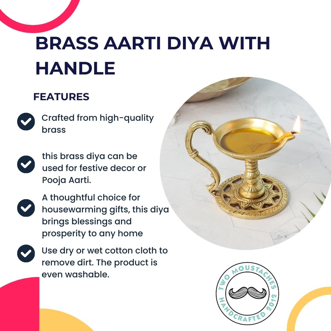 Brass Aarti Diya with Handle, Brass Pooja Deepak for Temple