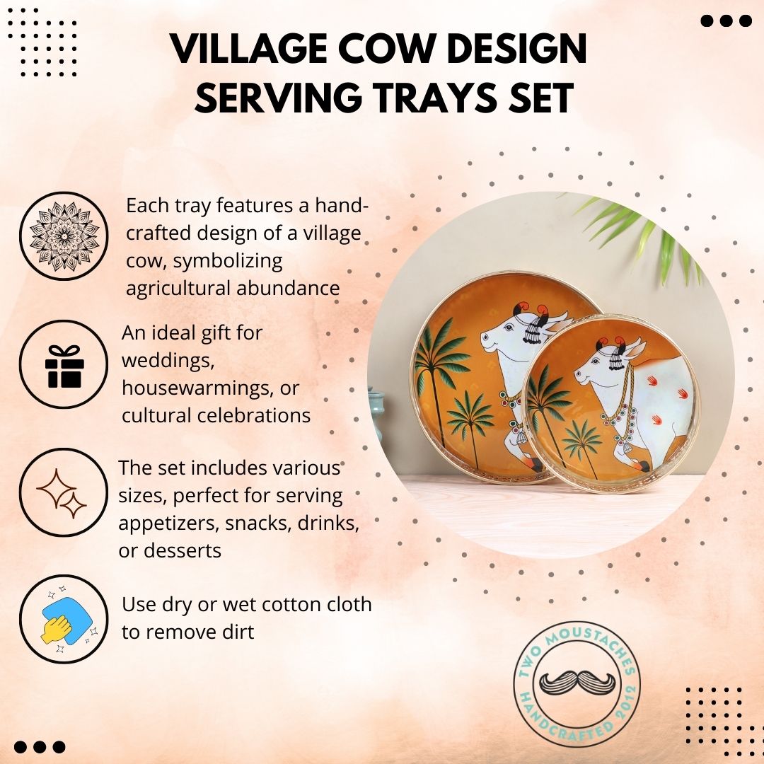 Village Cow Design Serving Trays Set (8 Inches & 10 Inches), Serving Plates for Home