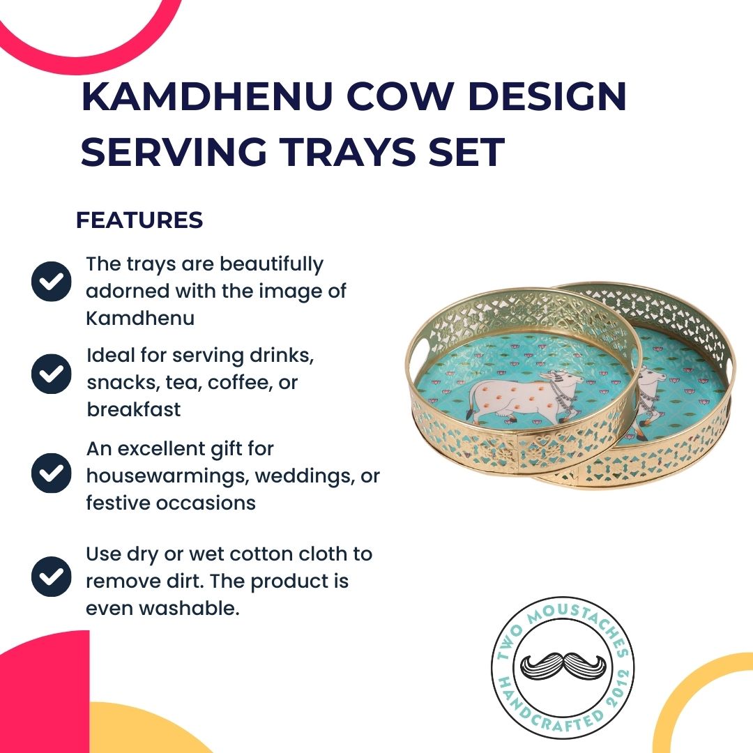 Kamdhenu Cow with Lotus Flowers Design Serving Trays Set (8 Inches & 10 Inches), Platters for Tea/Coffee/Fruits/Snacks