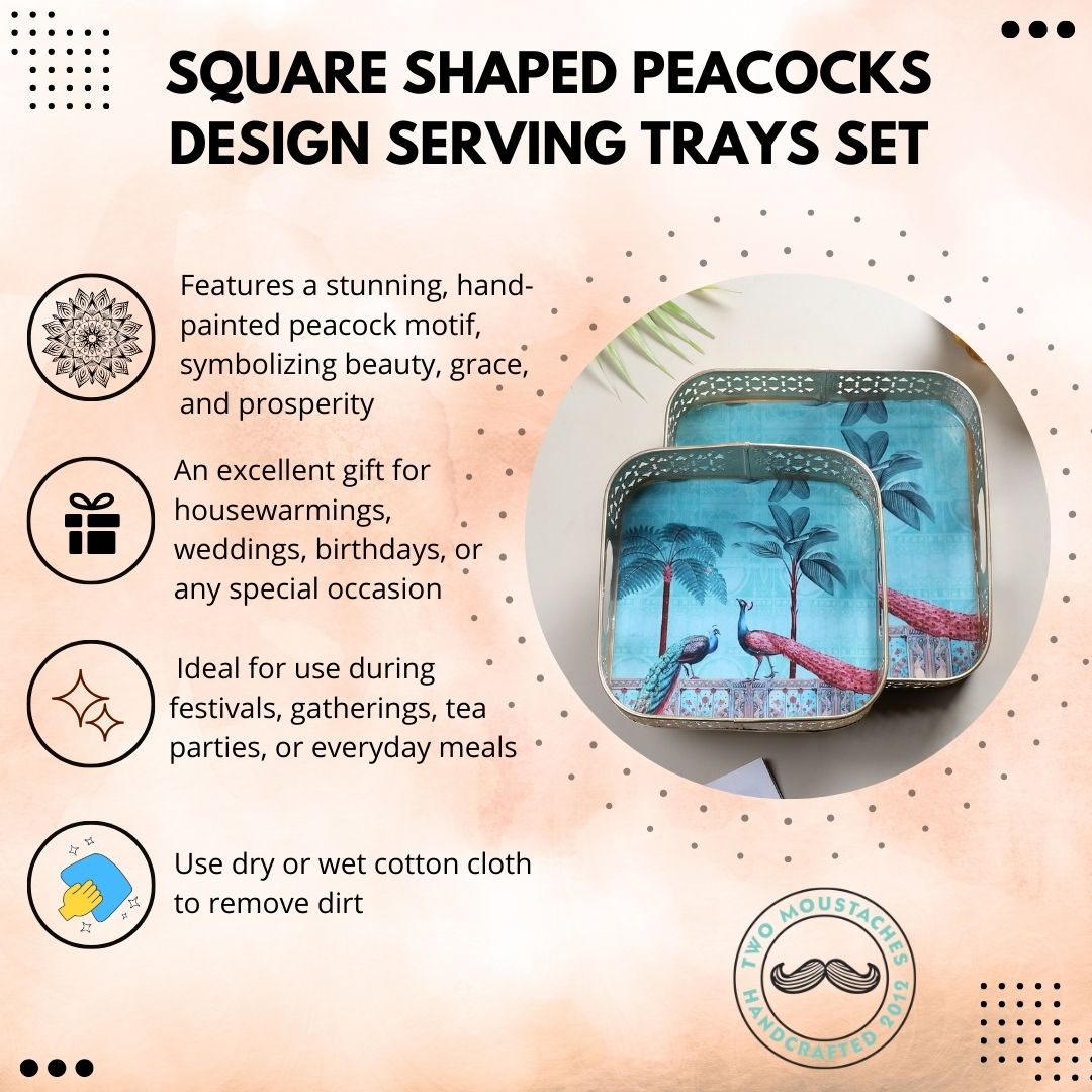 Square Shaped Peacocks Design Serving Trays Set (8 Inches & 10 Inches), Serving Plates for Home