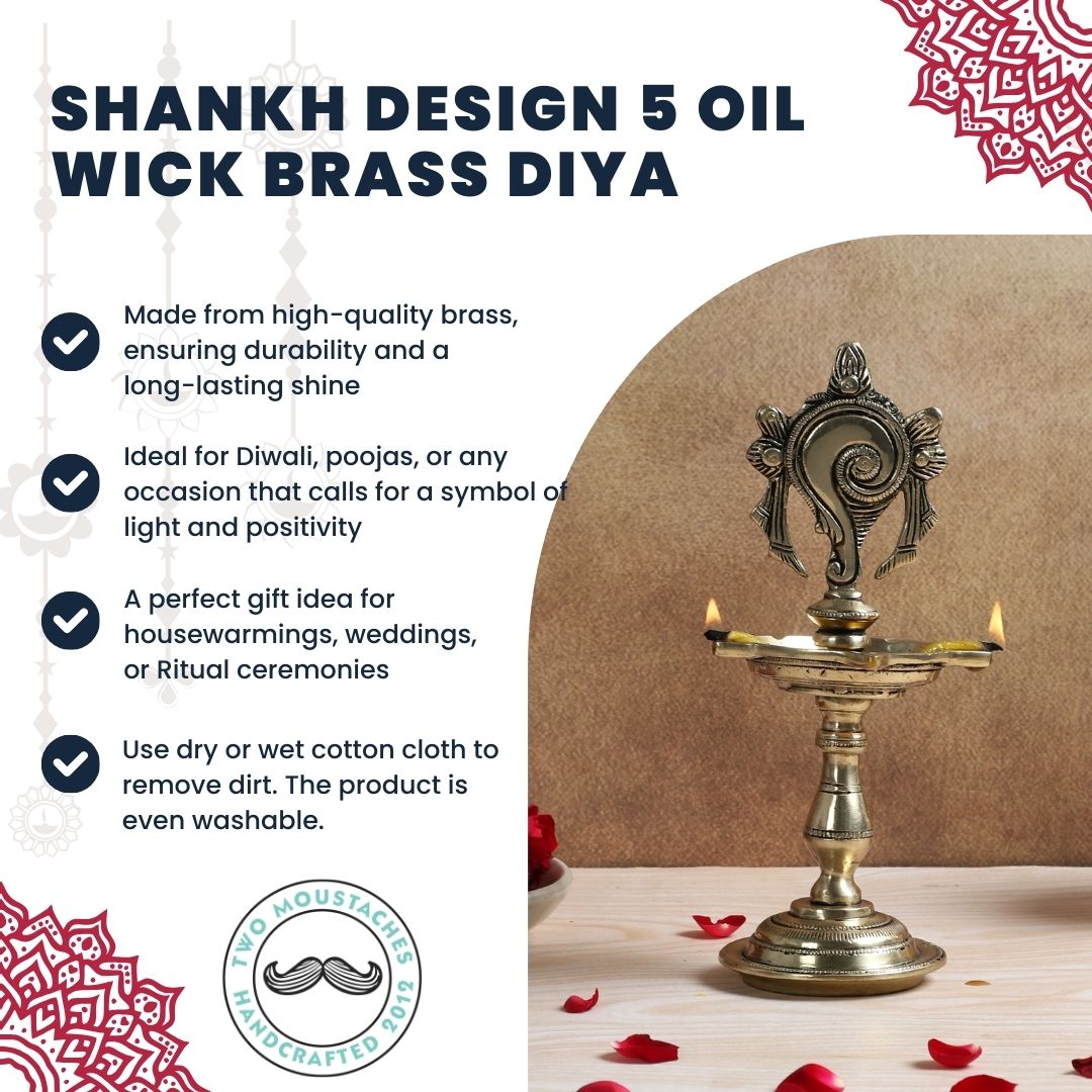 Shankh Design 5 Oil Wick Brass Diya, Pooja Deepak for Home Temple