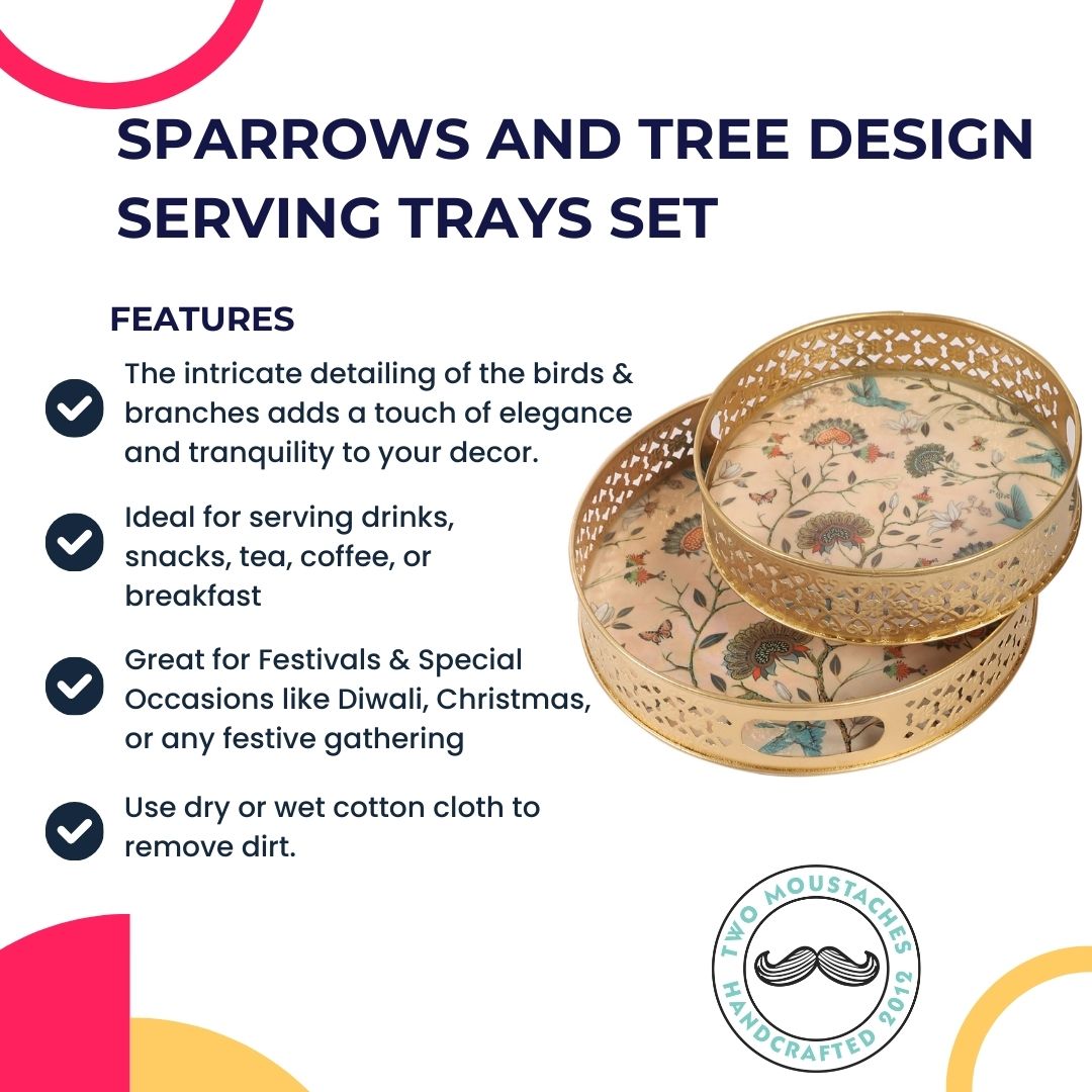 Sparrows and Tree Design Serving Trays Set (8 Inches & 10 Inches)