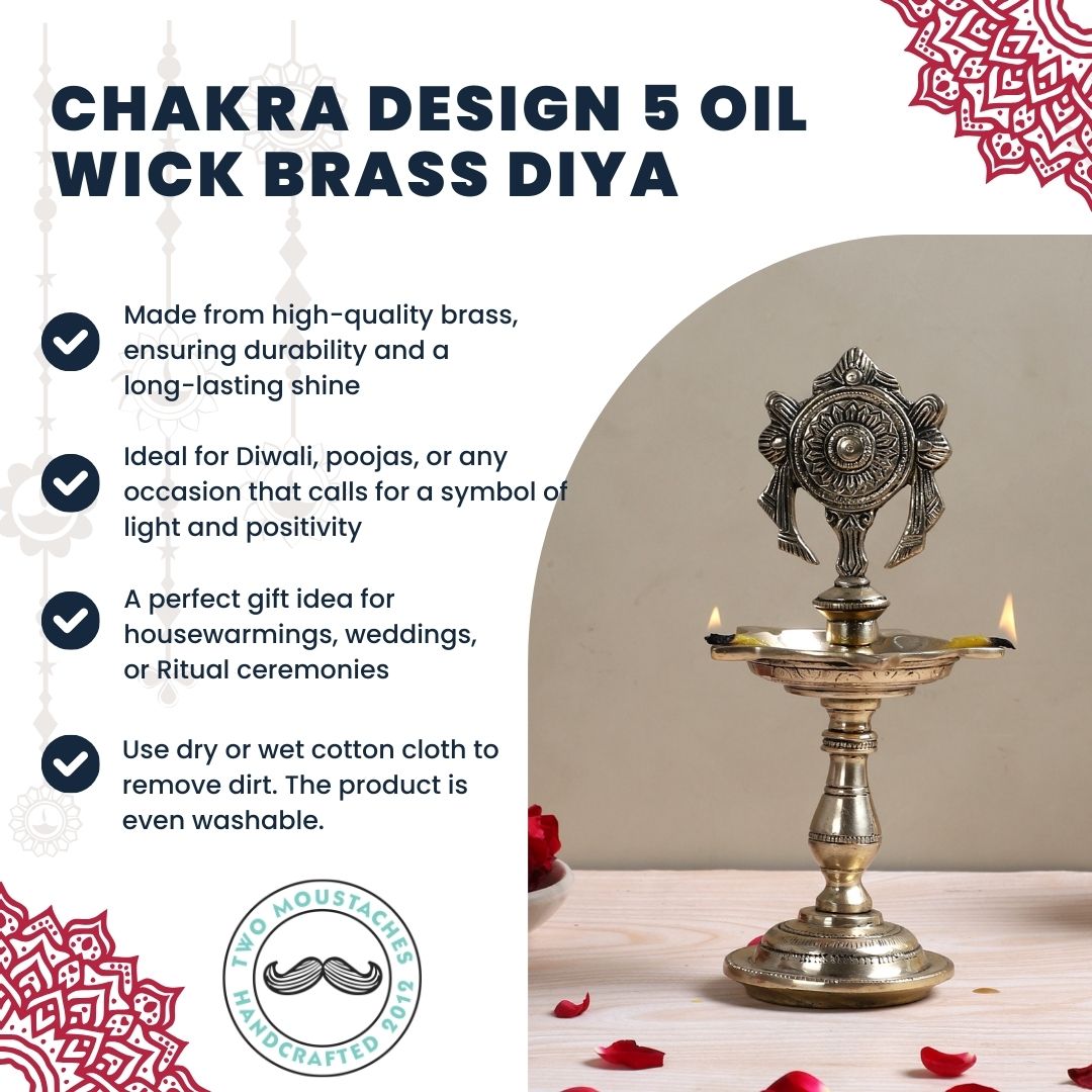 Chakra Design 5 Oil Wick Brass Diya, Pooja Deepak for Home Temple