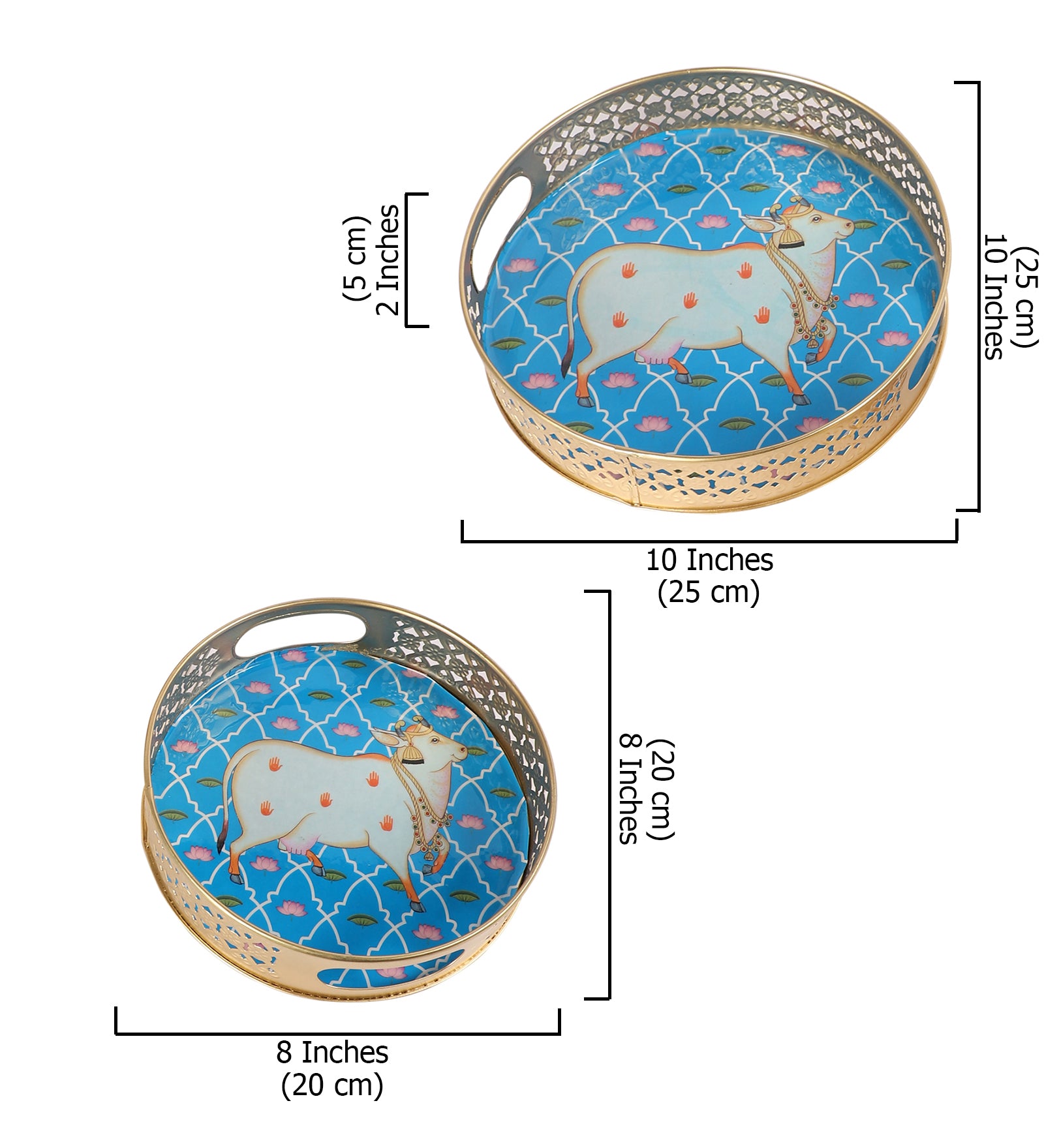 Kamdhenu Cow Design Serving Trays Set (8 Inches & 10 Inches), Serving Plates for Home