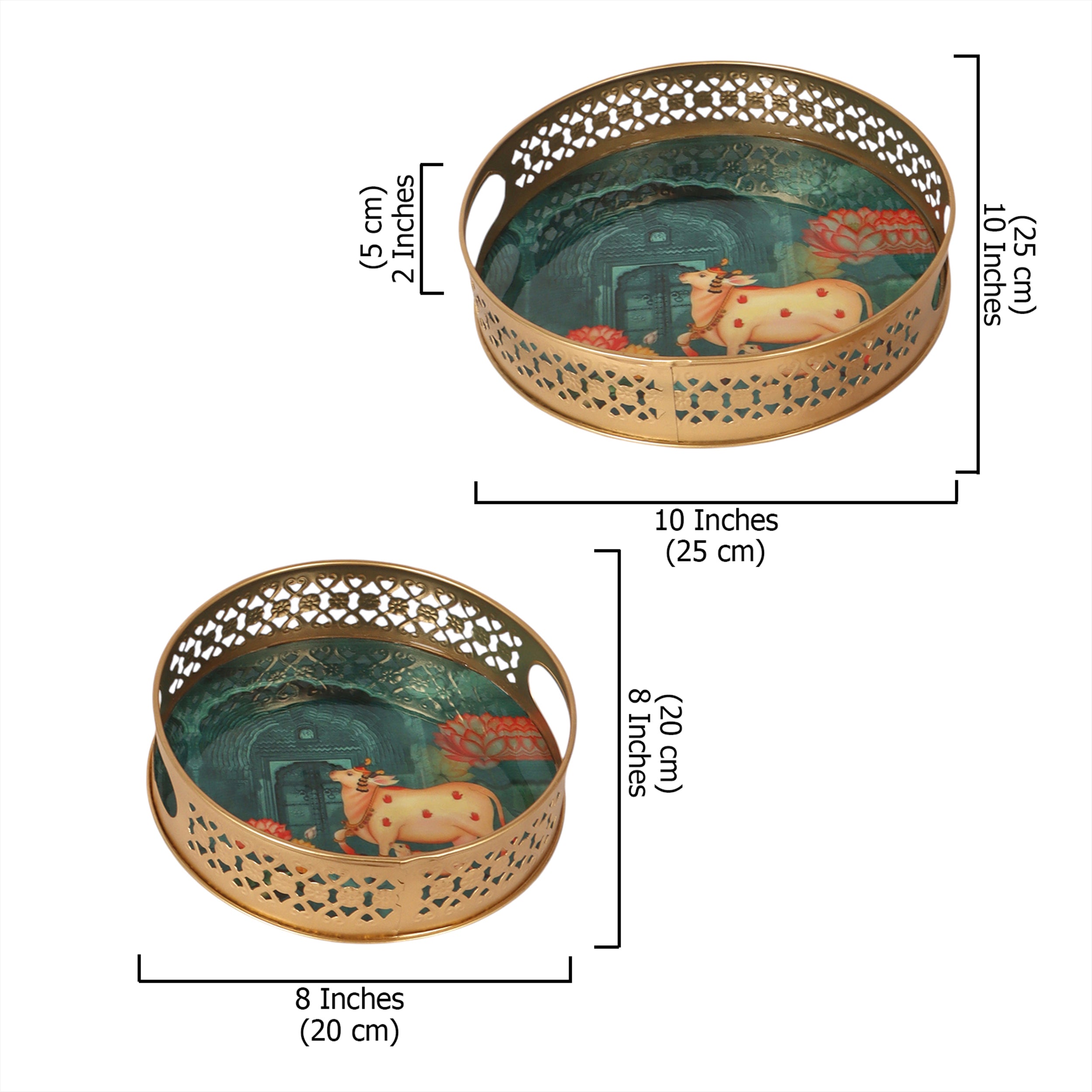 Kamdhenu Cow with Calf Design Pichwai Trays Set (8 Inches & 10 Inches), Serving Plates for Home