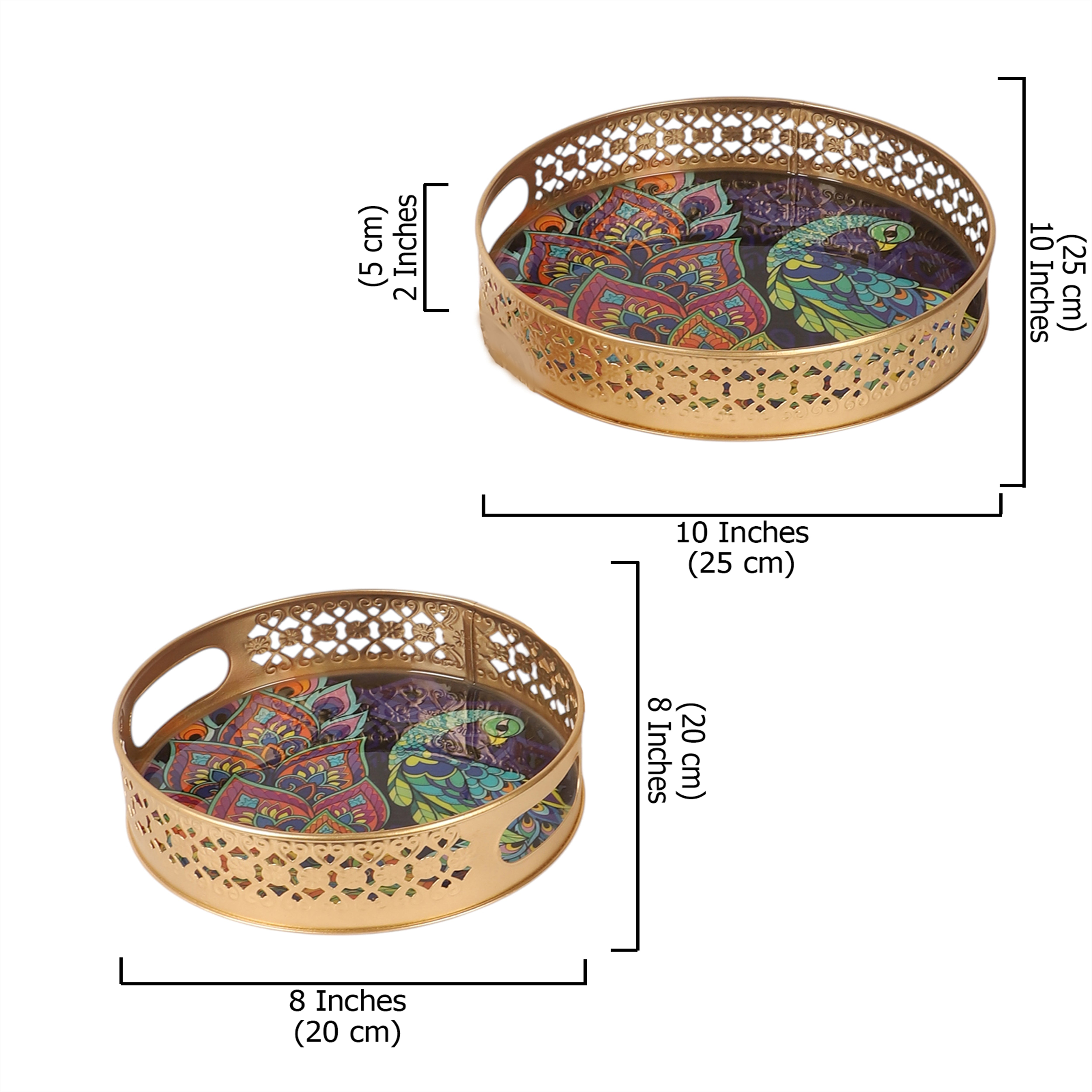 Ethnic Indian Peacock Design Serving Trays Set (8 Inches & 10 Inches), Plates for Home