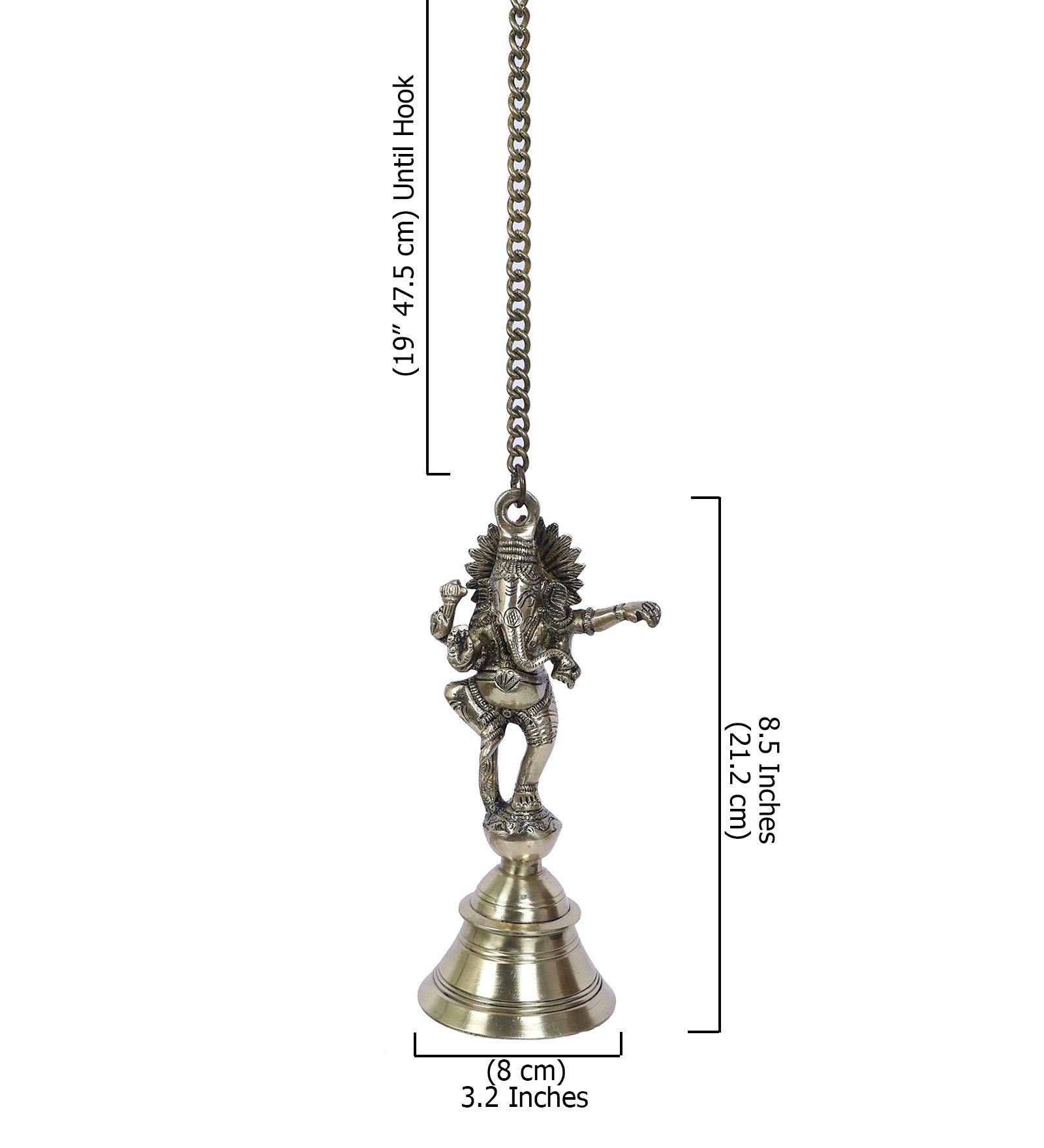 Vintage Brass Temple Bell with Dancing Ganesha On Chain, Brass Temple Bell