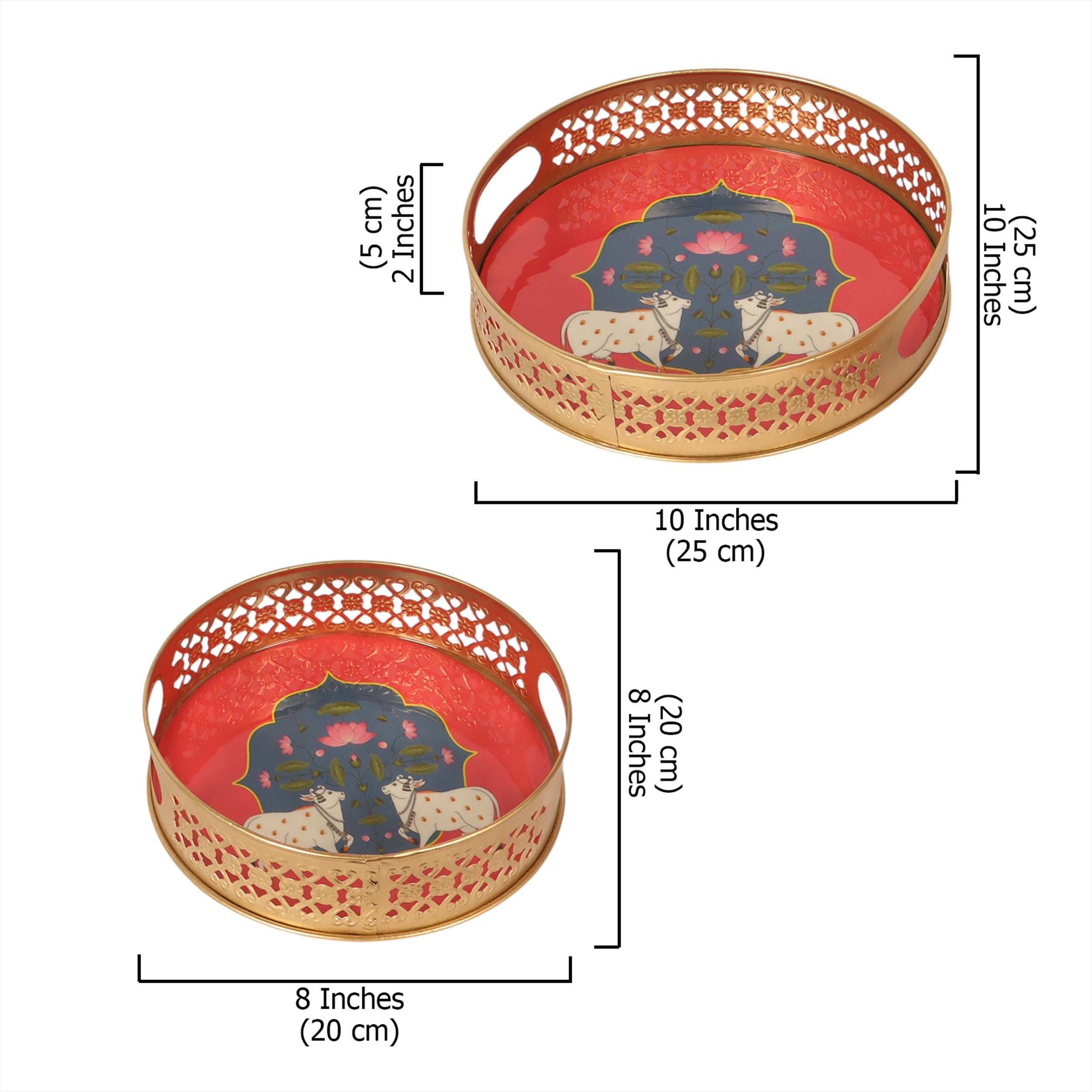 Twin Kamdhenu Cow Design Serving Trays Set (8 Inches & 10 Inches), Premium Metal Decorative Trays