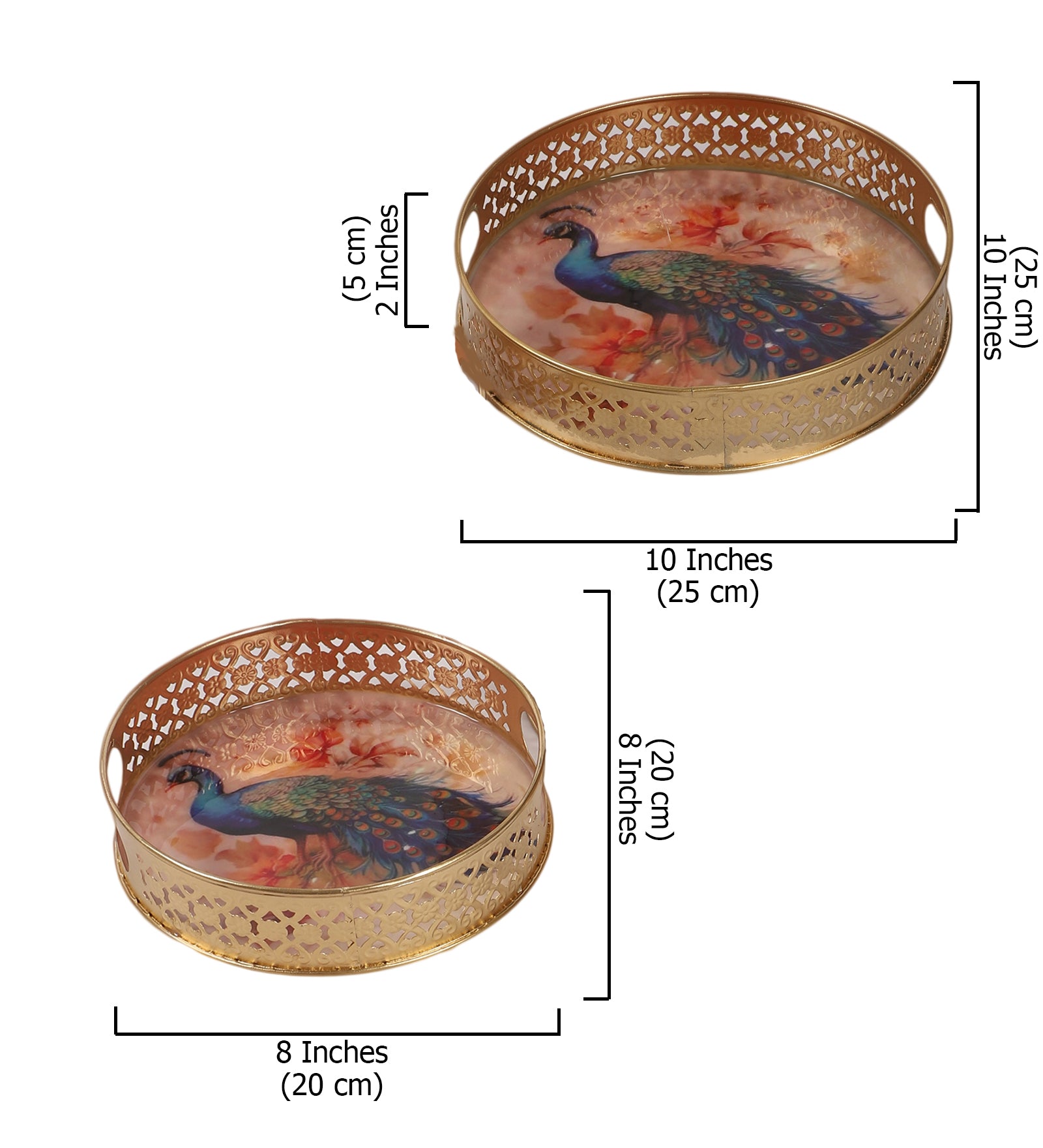 Peacock Design Serving Trays Set (8 Inches & 10 Inches)