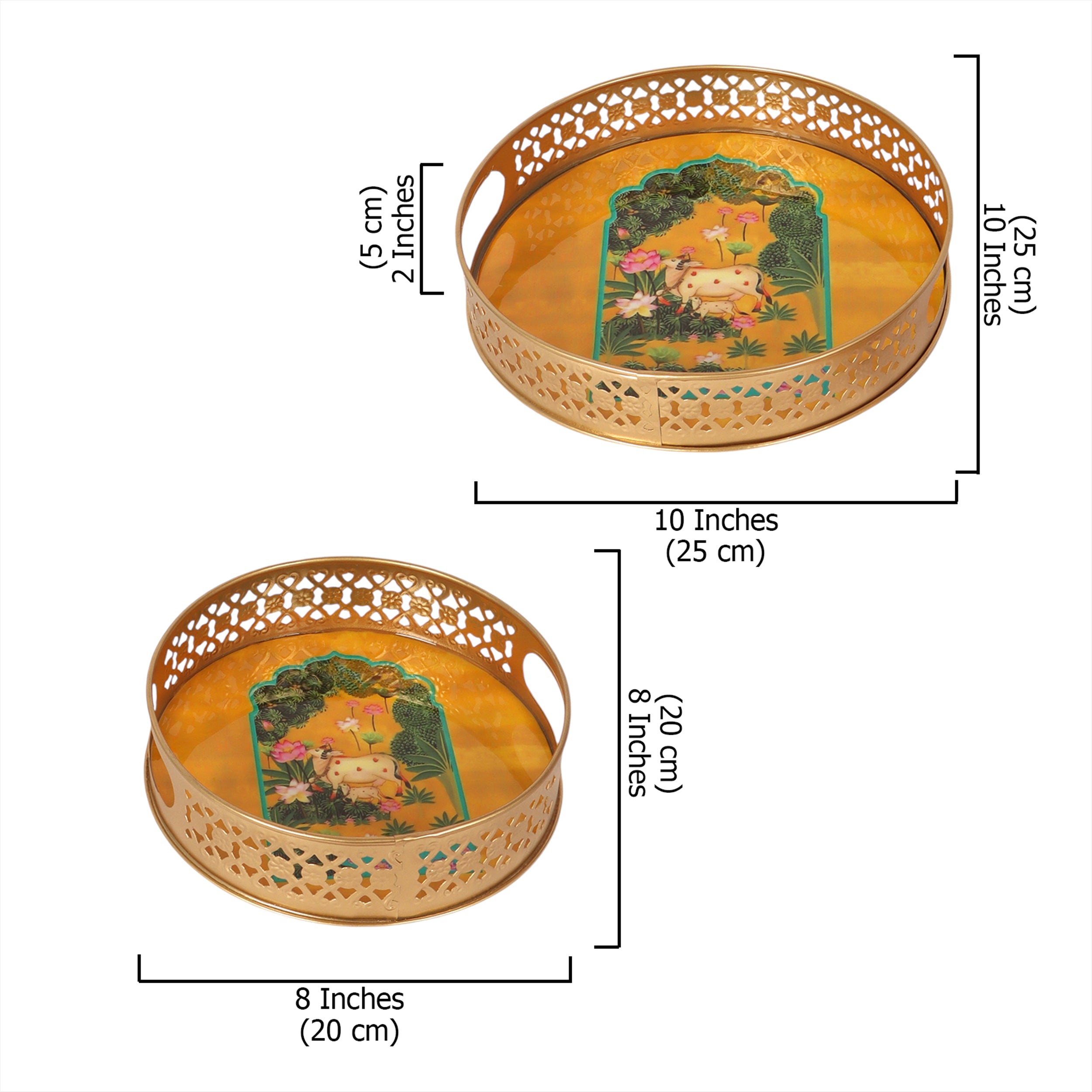 Kamdhenu Cow in Lotus Garden Design Serving Trays Set (8 Inches & 10 Inches), Premium Metal Decorative Trays