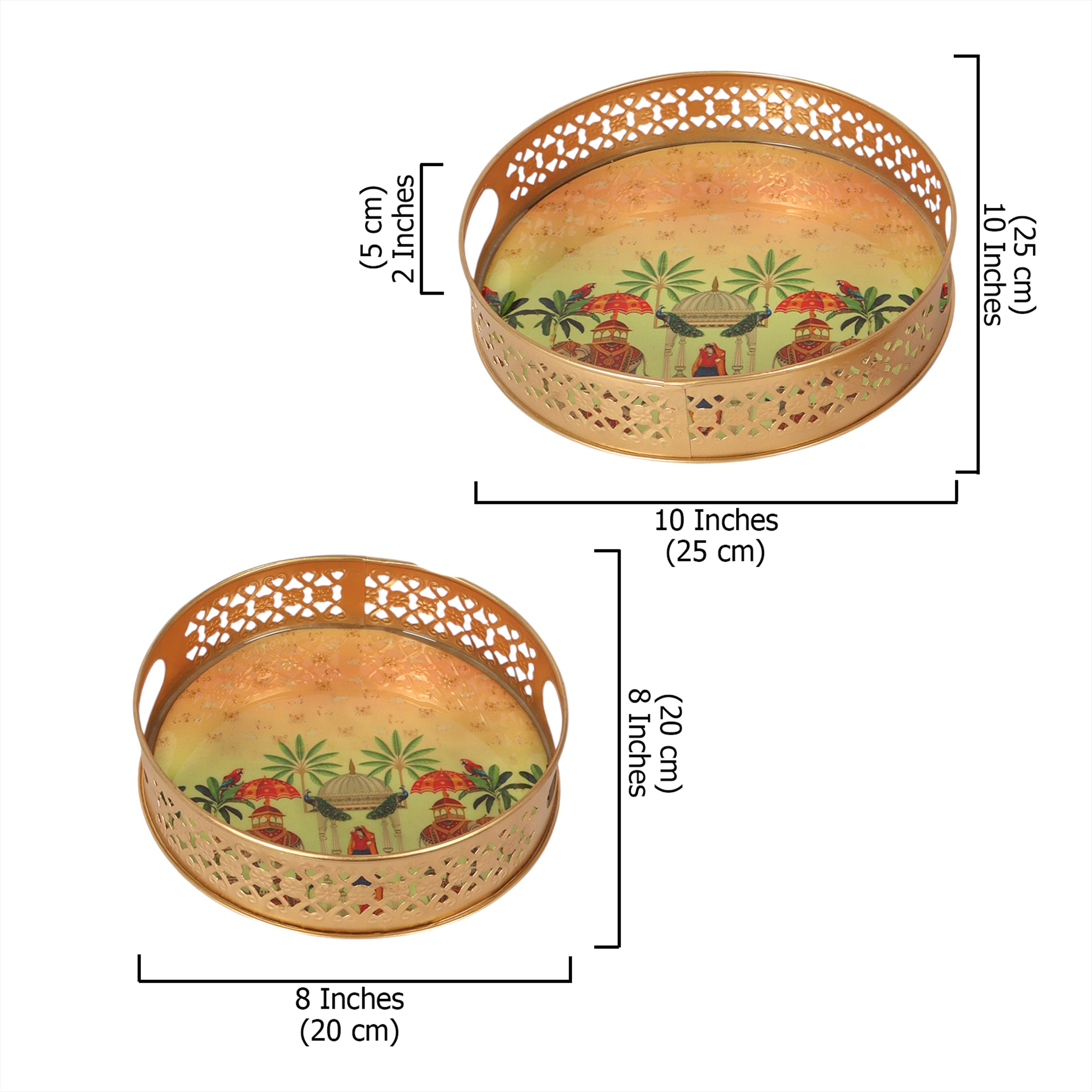 Rajasthani Culture Design Serving Trays Set (8 Inches & 10 Inches), Premium Metal Decorative Trays with Palace Artwork